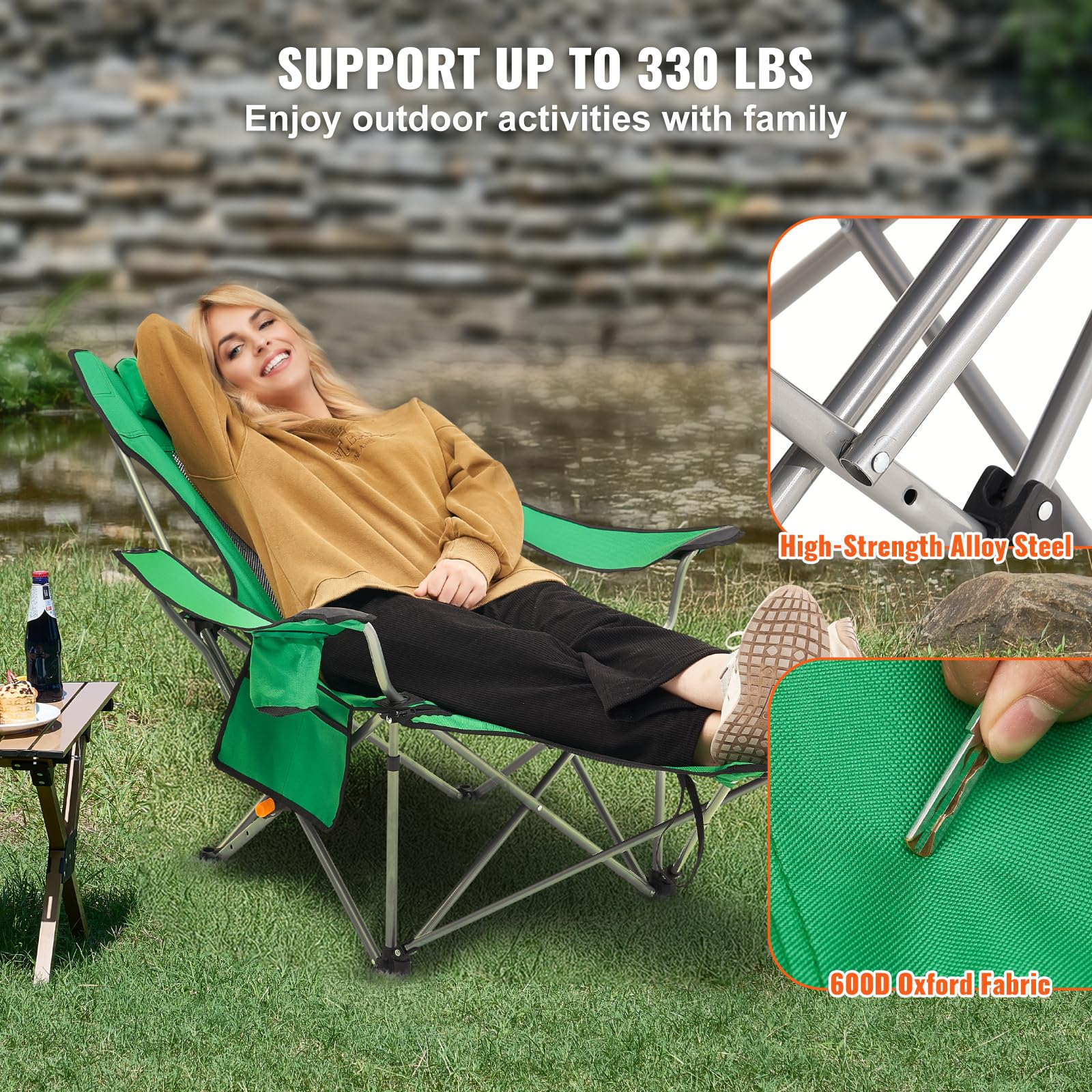 VEVOR Silla de Camping Reclinable Portátil 1530 x 830 x 730 mm Carga de 149,69 kg, Silla de Camping Plegable con Reposapiés, Portavasos, Bolsillo Lateral y Reposacabezas para Camping, Pesca, Verde