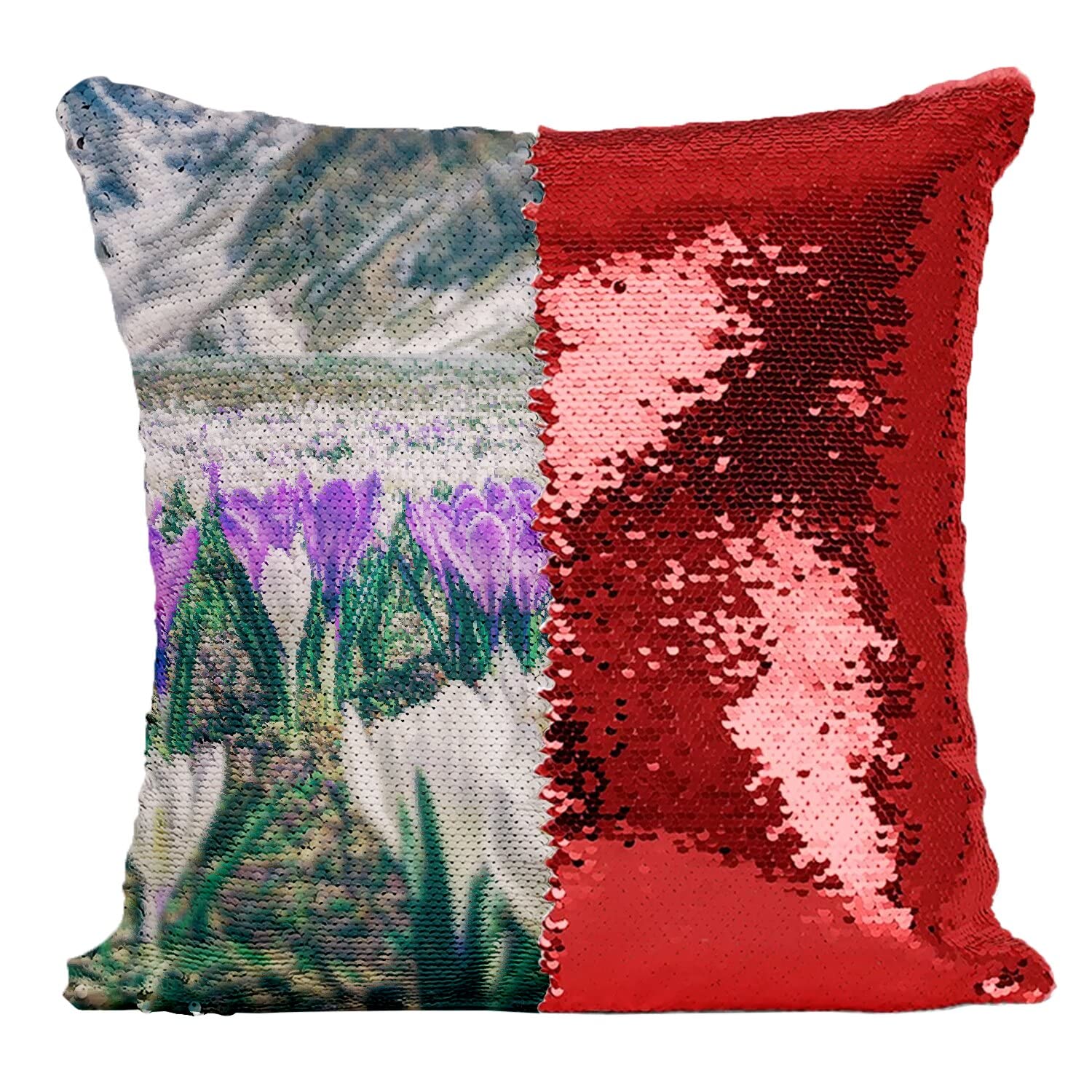 Coussin sequin paillettes rouge anti-canape terne motif nature fleurs mauves