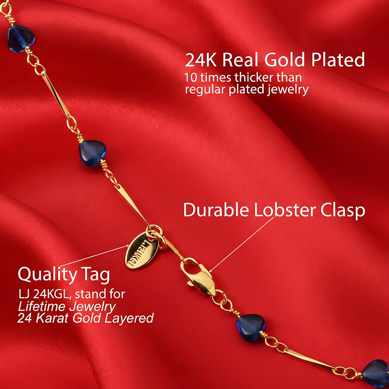 LIFETIME JEWELRY Womens Gold Anklet Blue Hearts Ankle Bracelet for Girls and Teen 24k Gold Plated image 4