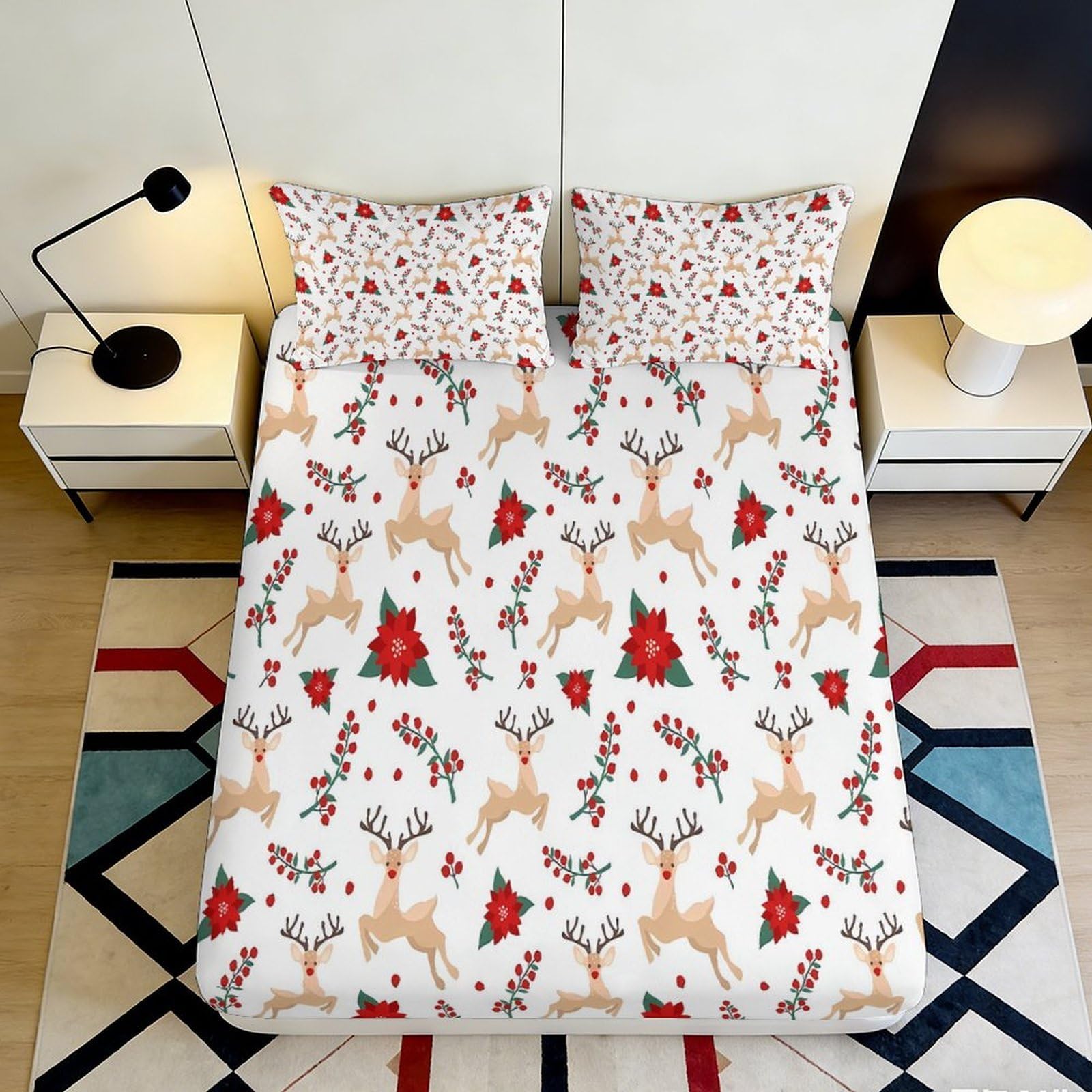 3D Printed Christmas Reindeer Fitted Sheet Microfiber Soft Red Snowflake Mattress Cover for Bedroom Guest Room Decor 90x200x25cm