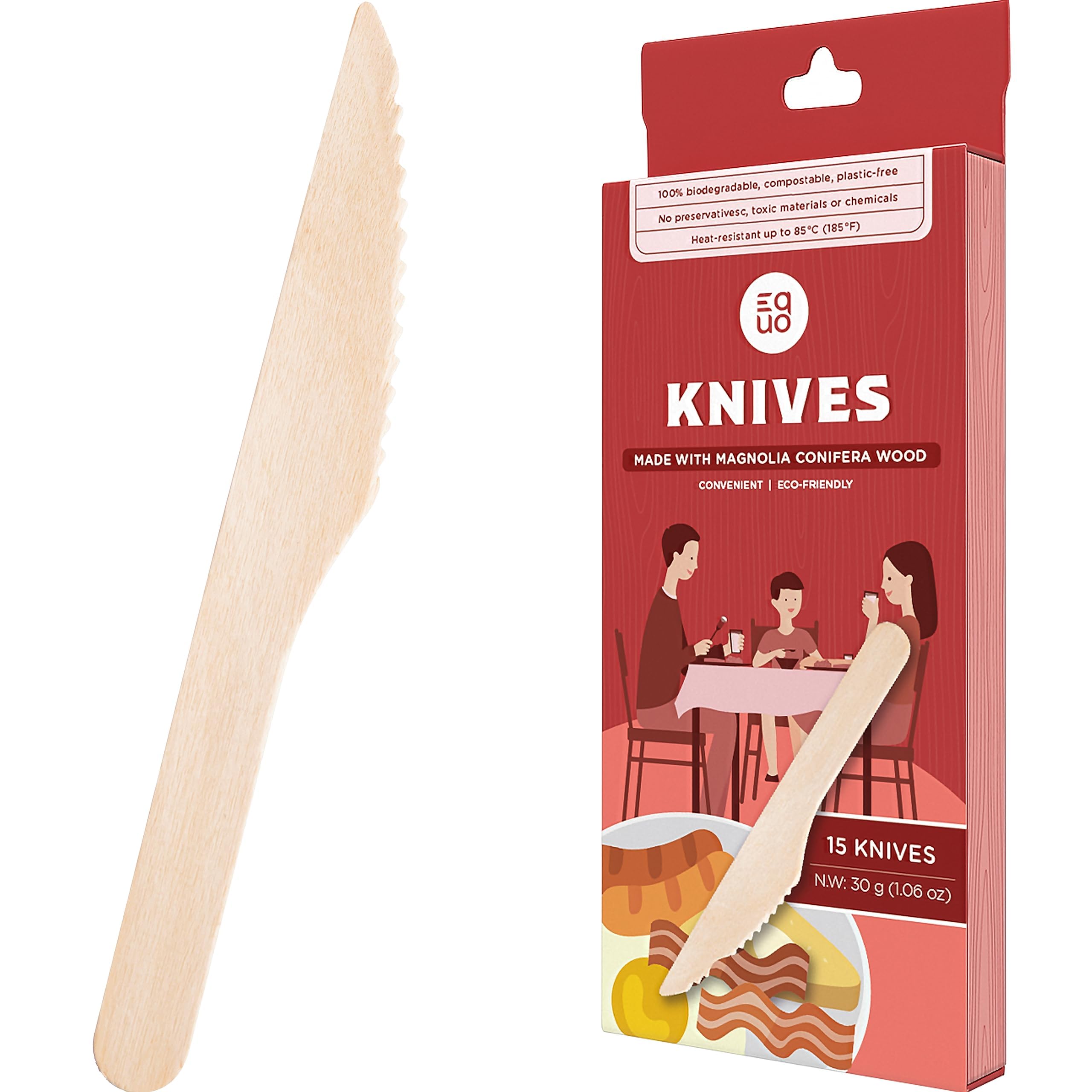 Equo Wooden Disposable Knives (Pack of 15) - Plastic-free, Home-compostable, Heat-safe Utensils for Parties, Events, Camping & More