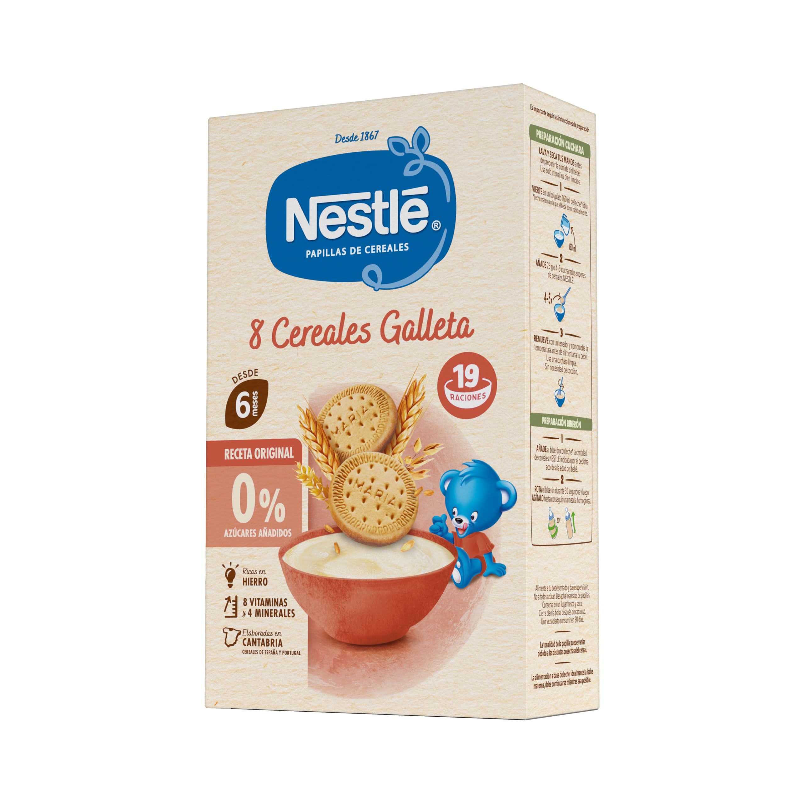 Nestlé Papilla 8 Cereales con Galleta 475 g sin azúcares añadidos a partir de 6 meses