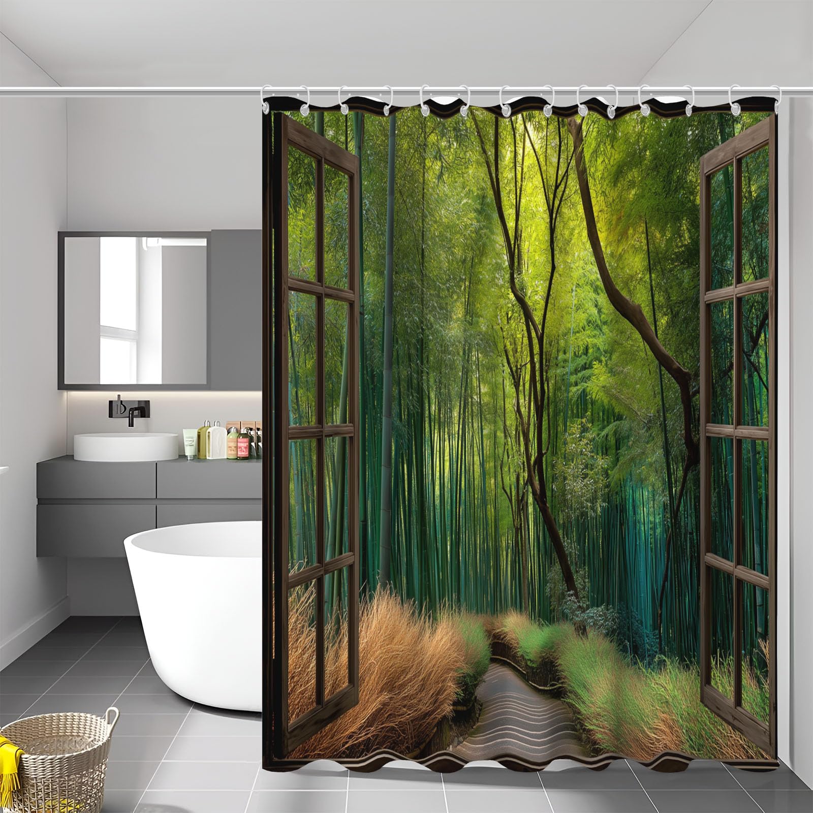 Cortina De Ducha 240x200cm, Poliéster Cortina Bañera Ventanas Madera Bosque Bambú Camino, Lavable Cortinas De Baño con 12 Ganchos, Bosque Denso Impermeable Secado Rápido, Ducha Y Bañera