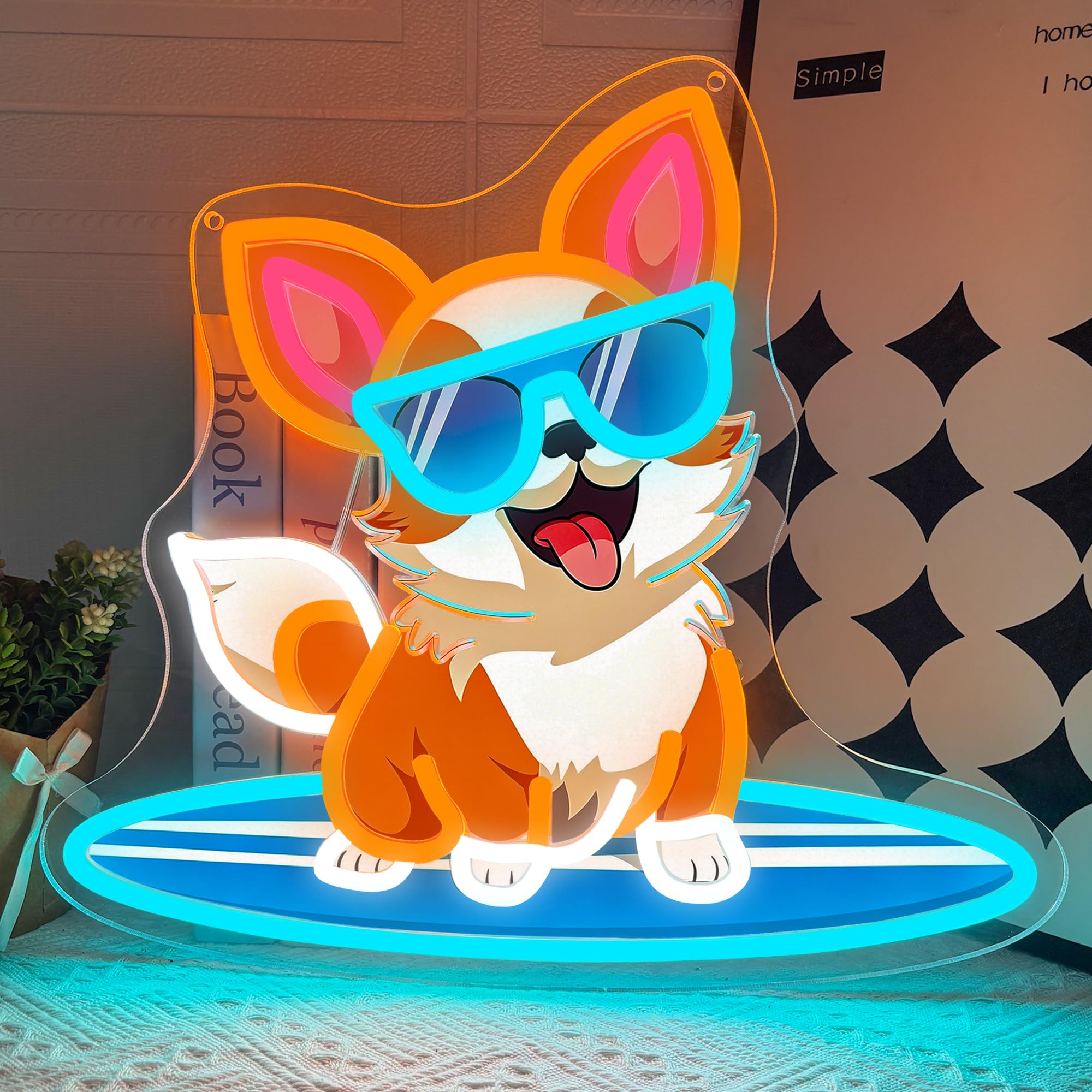 Dog Neon Sign Cool Surfing Dog LED Neon Light for Wall Decor Dimmable