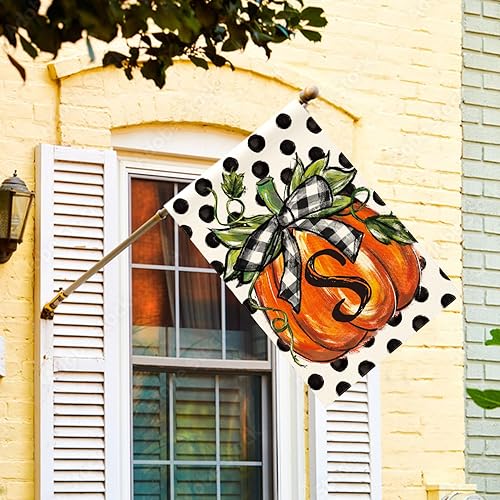 Miniatura 9 de AVOIN colorlife Bandera de casa con monograma de otoño con letra D, diseño de lunares, calabaza, de 28 x 40 pulgadas, doble cara exterior, pequeña