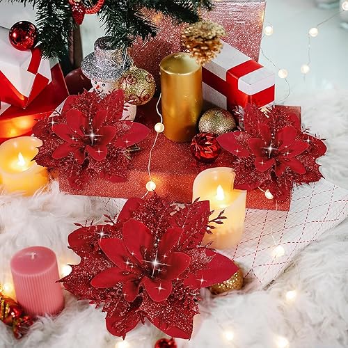 Miniatura 5 de Childom 15 piezas de flores de pascua artificiales azules con clips, decoraciones de Navidad, flores de pascua con purpurina, adornos de Navidad