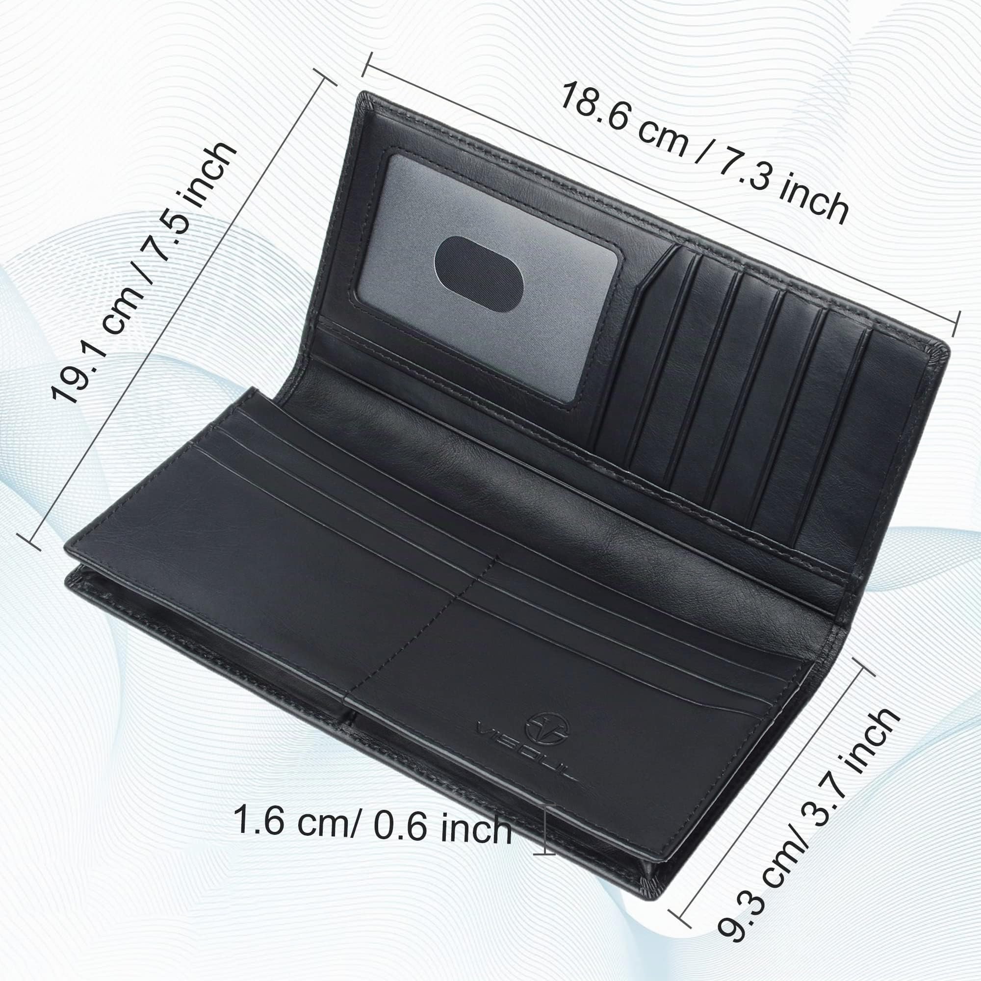 VISOUL Portefeuille Homme en Cuir Véritable, Portefeuille Long à Deux Volets en Cuir avec Blocage RFID, Porte Chéquier avec 3 Compartiment à Billets et 12 Emplacements pour Cartes (Noir)