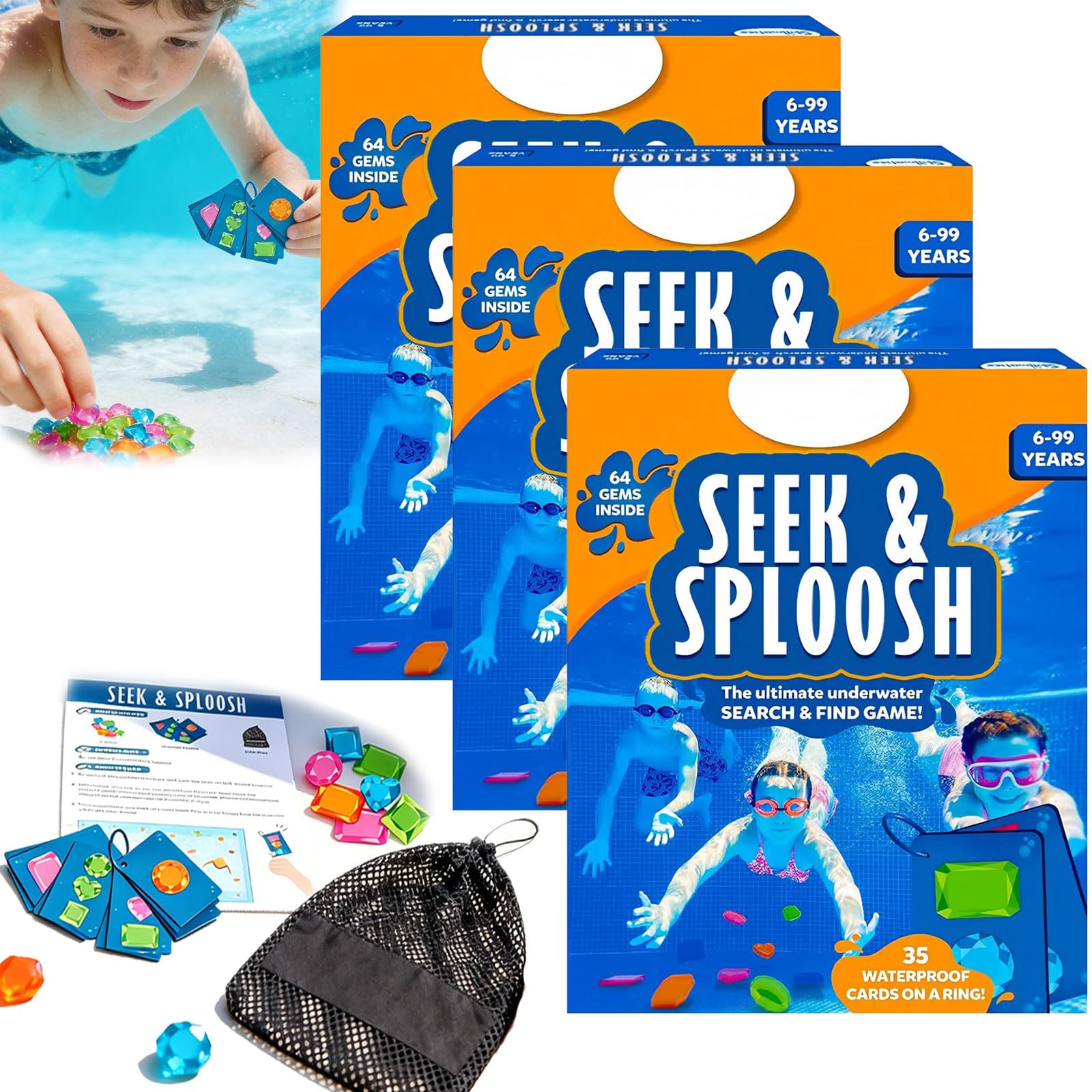 Pool Spielzeug Pool Toy for Children, Underwater Search Game with 64 Edelsteinen & 35 Wasserdichten Cards, Diving Rings for Children, Diving Toy with Mesh Bag, Summer Water Games，3 Stück