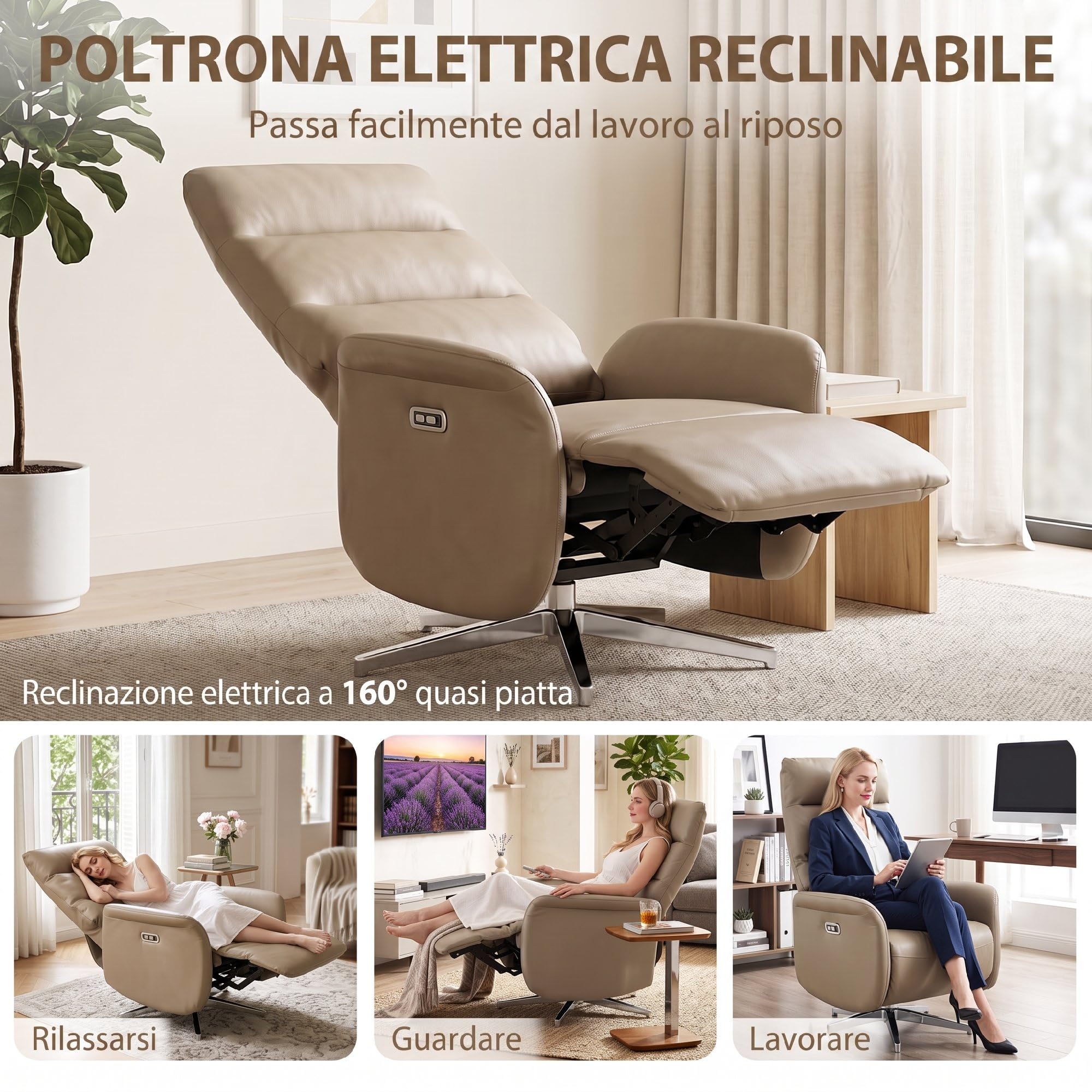 HOMCOM Poltrona Relax Elettrica Reclinabile 160° con Poggiapiedi, Marrone