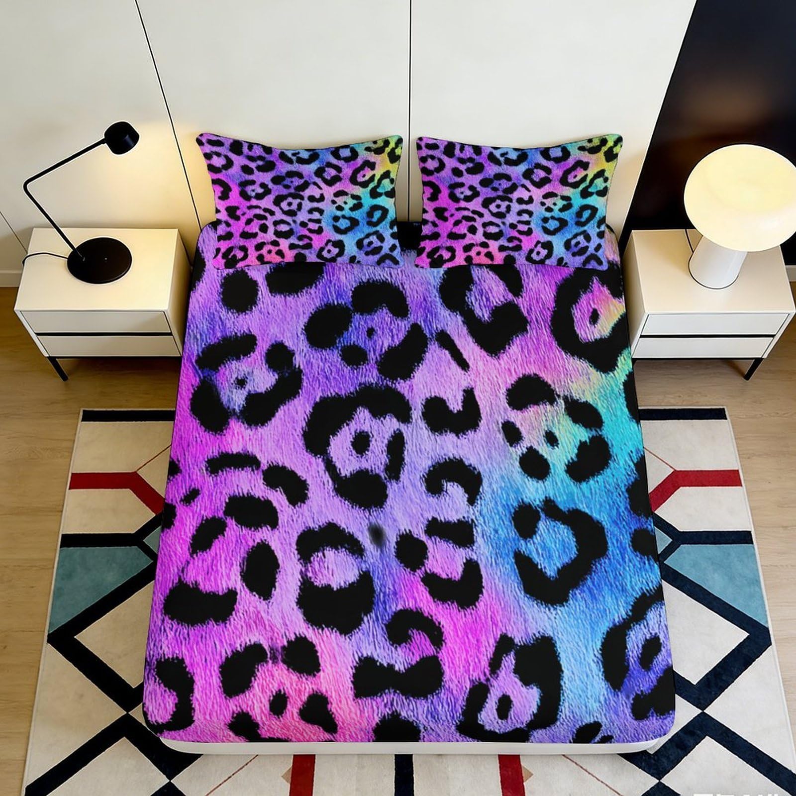 3D Printed Rainbow Leopard Fitted Sheet Microfiber Soft Anti-Slip Mattress Cover for Bedroom Dorm Youth Adults 120x200x25cm