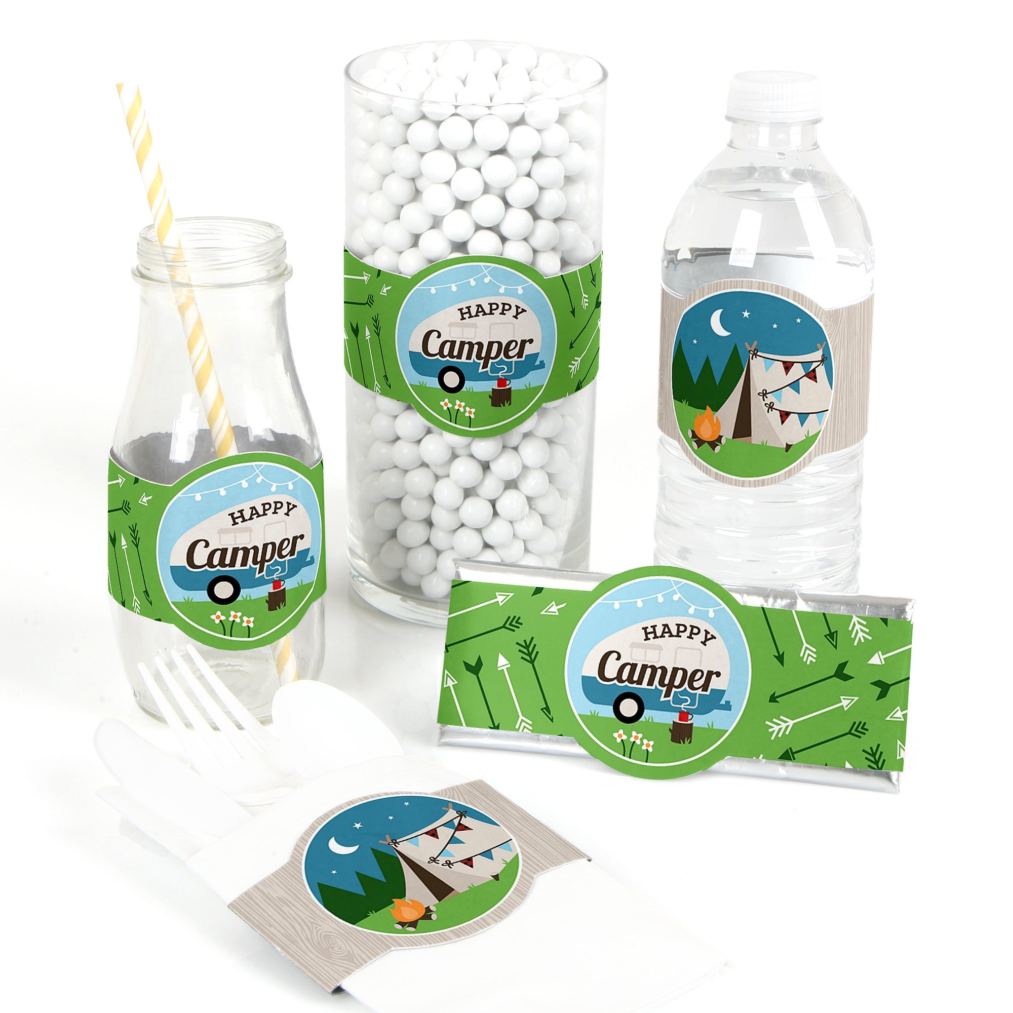 Happy Camper - DIY Party Supplies - Camping Baby Shower or Birthday Party DIY Wrapper Favors & Decorations - Set of 15