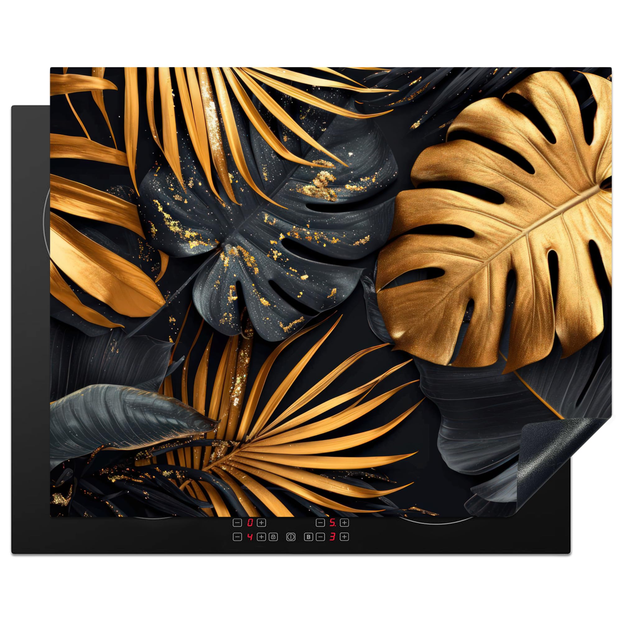 KitchenYeah© Induction Hob Cover Protector Mat 20.5"x25.6" / 65x52 cm Kitchen Universal Ceramic Covers for Electric Cookers Vinyl Leaves - Gold - Black - Nature — image 1