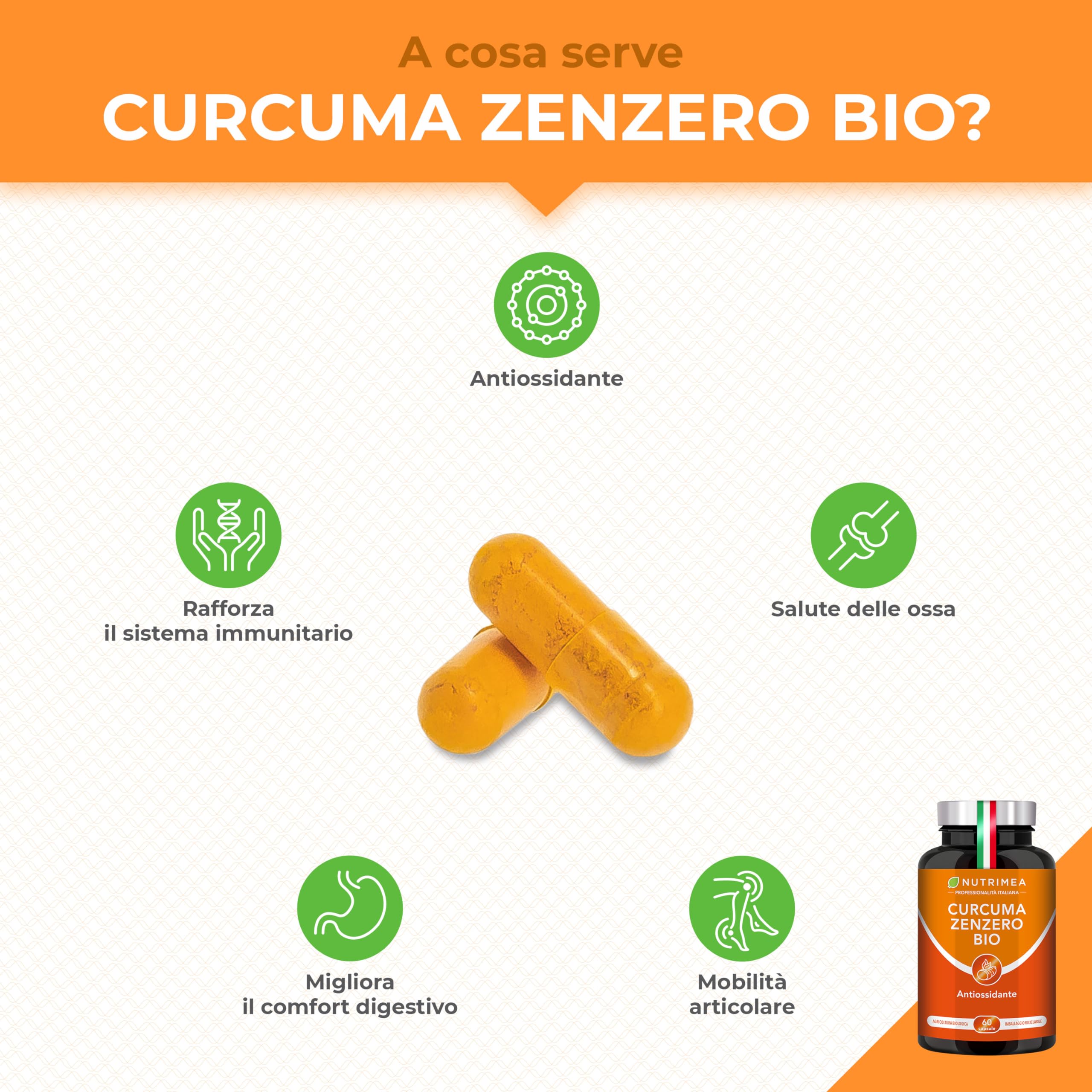 Curcuma Zenzero BIOLOGICO | 100% Naturale | Concentrato di Curcumina | Complesso Antinfiammatorio e Antiossidante | Nutrimea