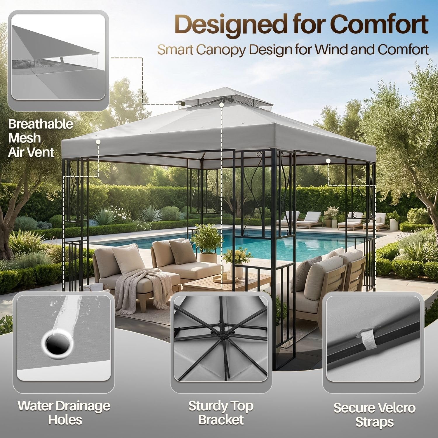 Flexzion Gazebo Cover Replacement Canopy Top 10x10 Ft (3m x 3m) - Double Tier Top Canopy Cover Replacement with UV30+, Dirt, Water Resistant for Outdoor, Sunshade, Garden, Patio, Pavilion (Gray)