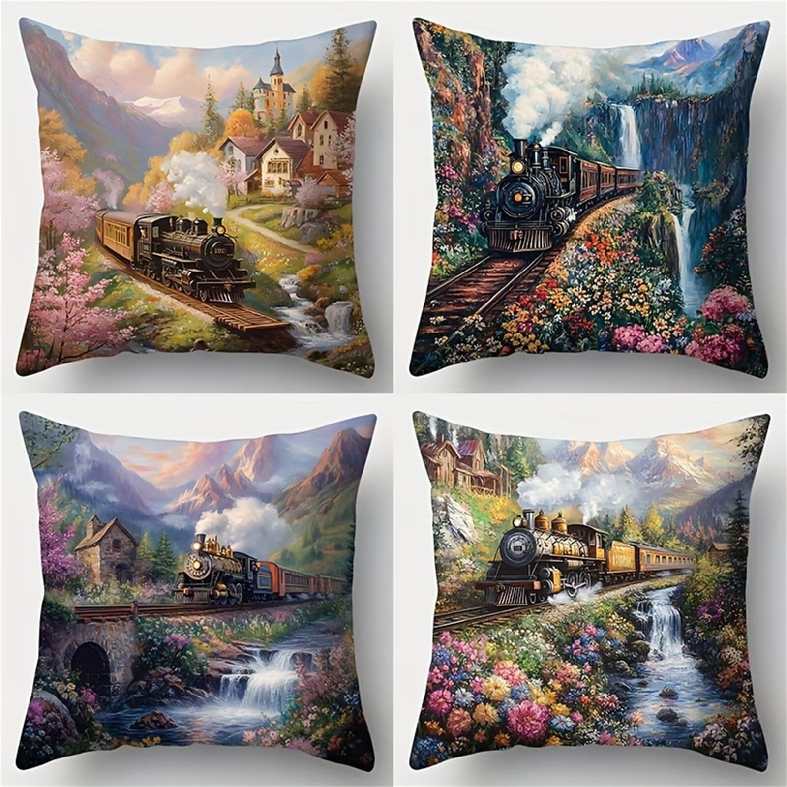 Heaen Outdoor Cushions Covers Waterproof 55x55 cm Set of 4 Square Linen Pillow Cases Train Scenery Decorative Dushions for Sofa Porch Patio Home Decor