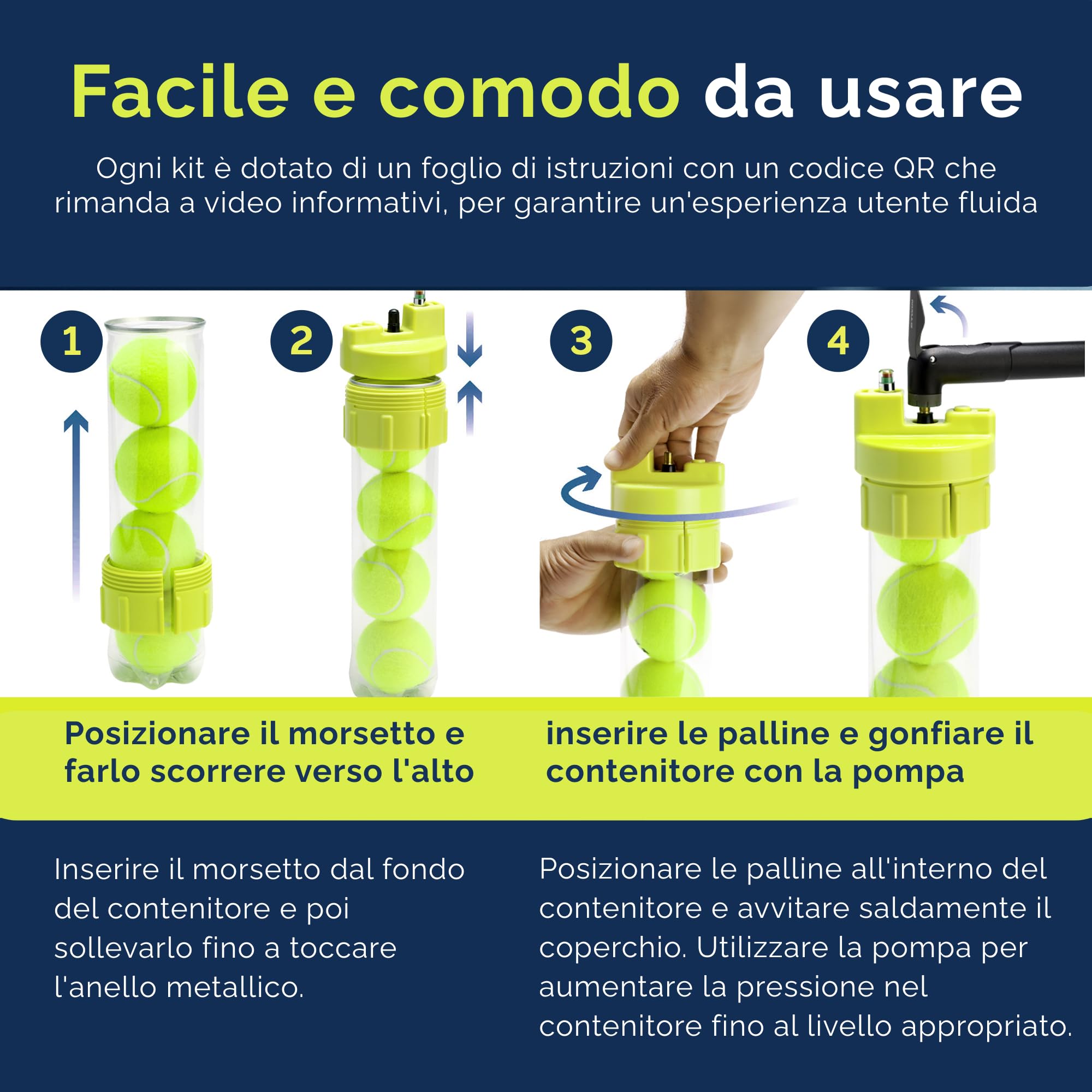 BALL RESCUER – Trasforma i contenitori di palline da padel o tennis in un contenitore pressurizzatore (contenitore non incluso).