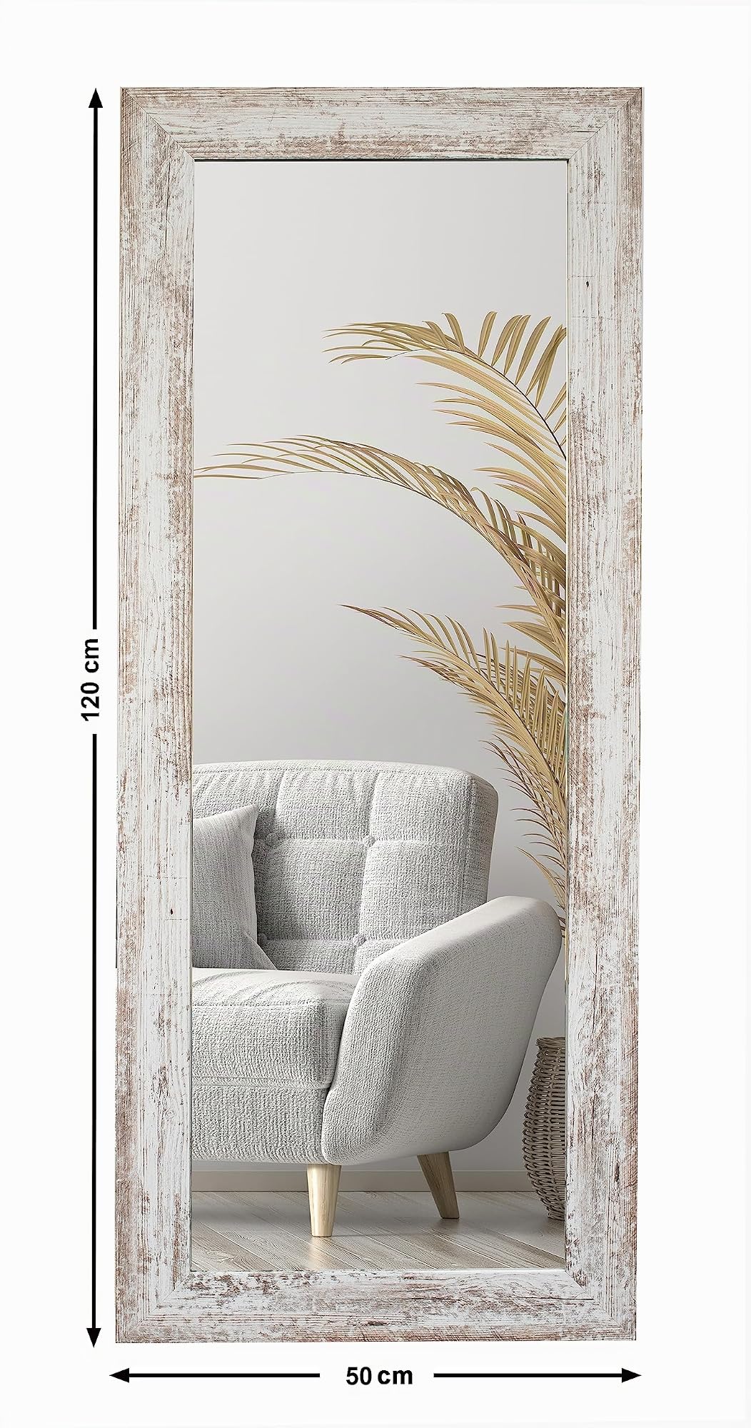 BD ART Espejo de pared decorativo para guardarropa, espejo de cuerpo entero, 120 x 50 cm, pino blanco