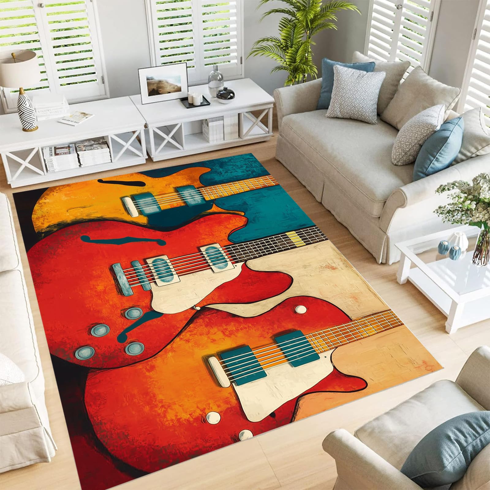 Tapis extérieur terrasse et cuisine texture guitare électrique lavable grand format orange