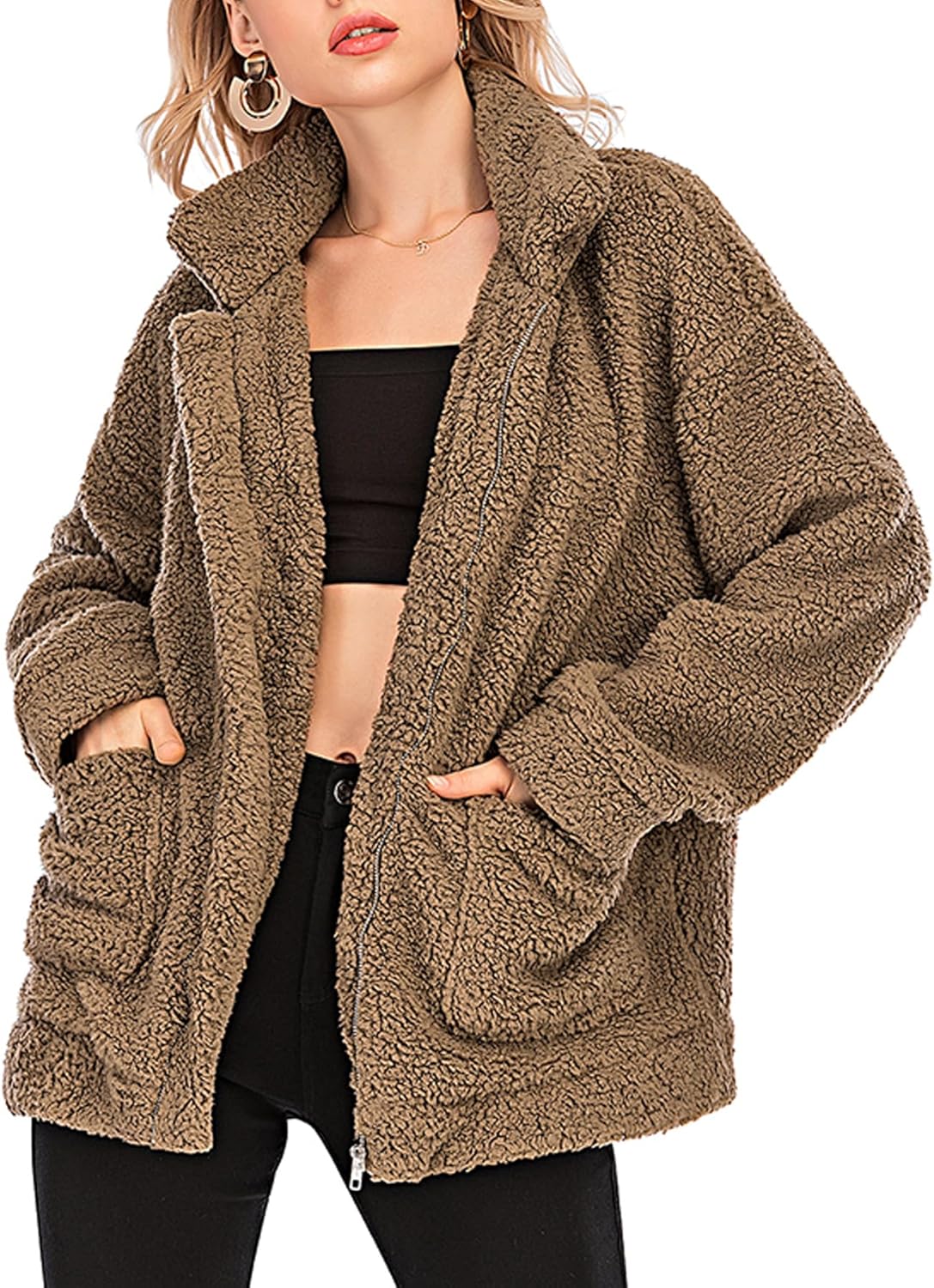 Comeon Winter Coats for Women Shaggy Fur Jacket Fuzzy Faux Shearling Zip Up Oversized Warm Shacket Outwear