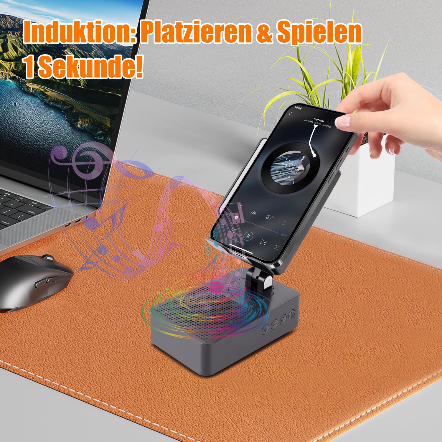 EDUPLINK Altoparlante Bluetooth con supporto per cellulare, induttivo e regolabile a 270°, per smartphone, altoparlante per cucina, ufficio, anziani, regalo per uomini (nero)