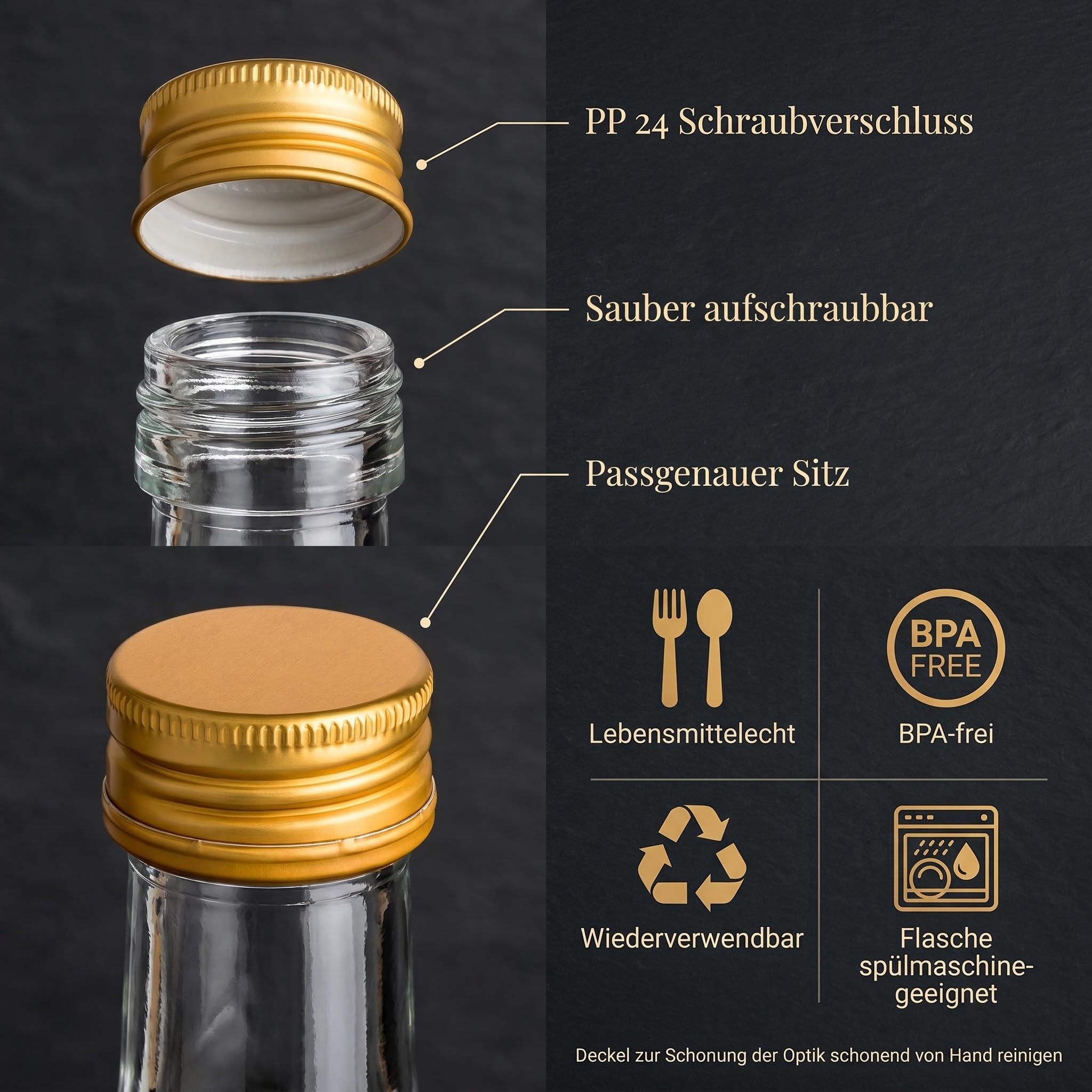 gouveo Lot de 48 bouteilles en verre Maraska (0,10 l) avec bouchons à vis dorés, flacons carrés pour liqueur sirop huile vinaigre PP 24 (MFET100G)