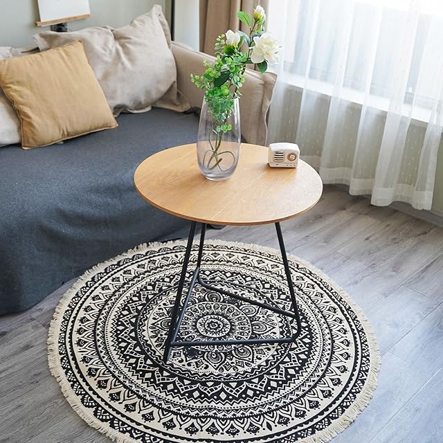 ConCus-T Round Cotton Area Rugs 120cm Machine Washable Hand Woven Tassels Carpet Chic Bohemian Pattern Floor Mats for Bedroom Living Room Sofa Coffee Table Swing Chair Bed Side, Manala Elegant Black