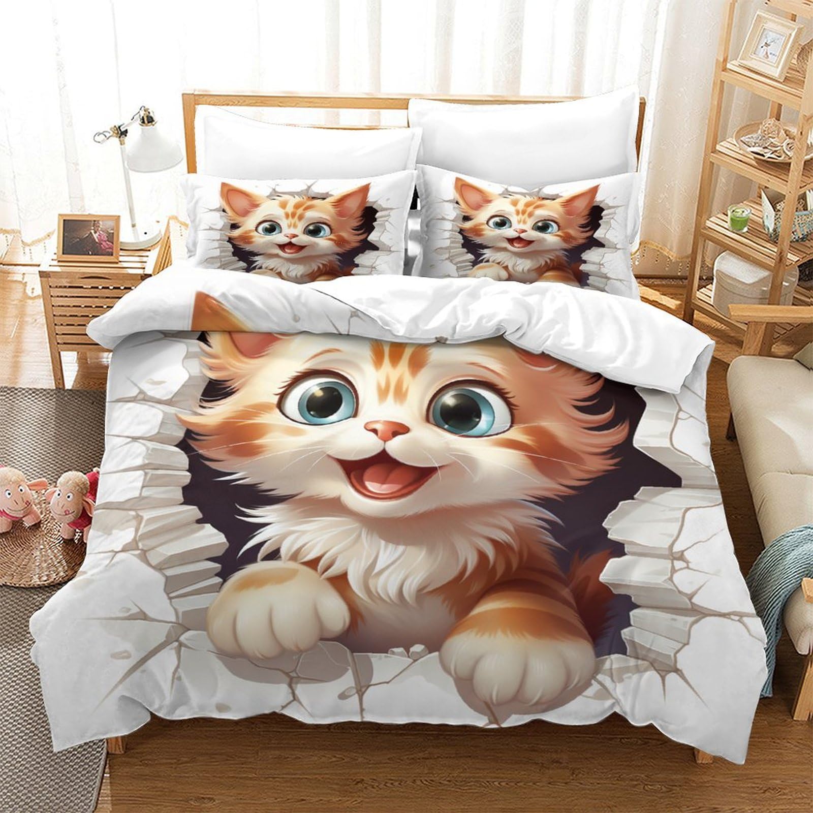 Parure de lit chat 140x200 cm, housse de couette hypoallergénique respirante en microfibre