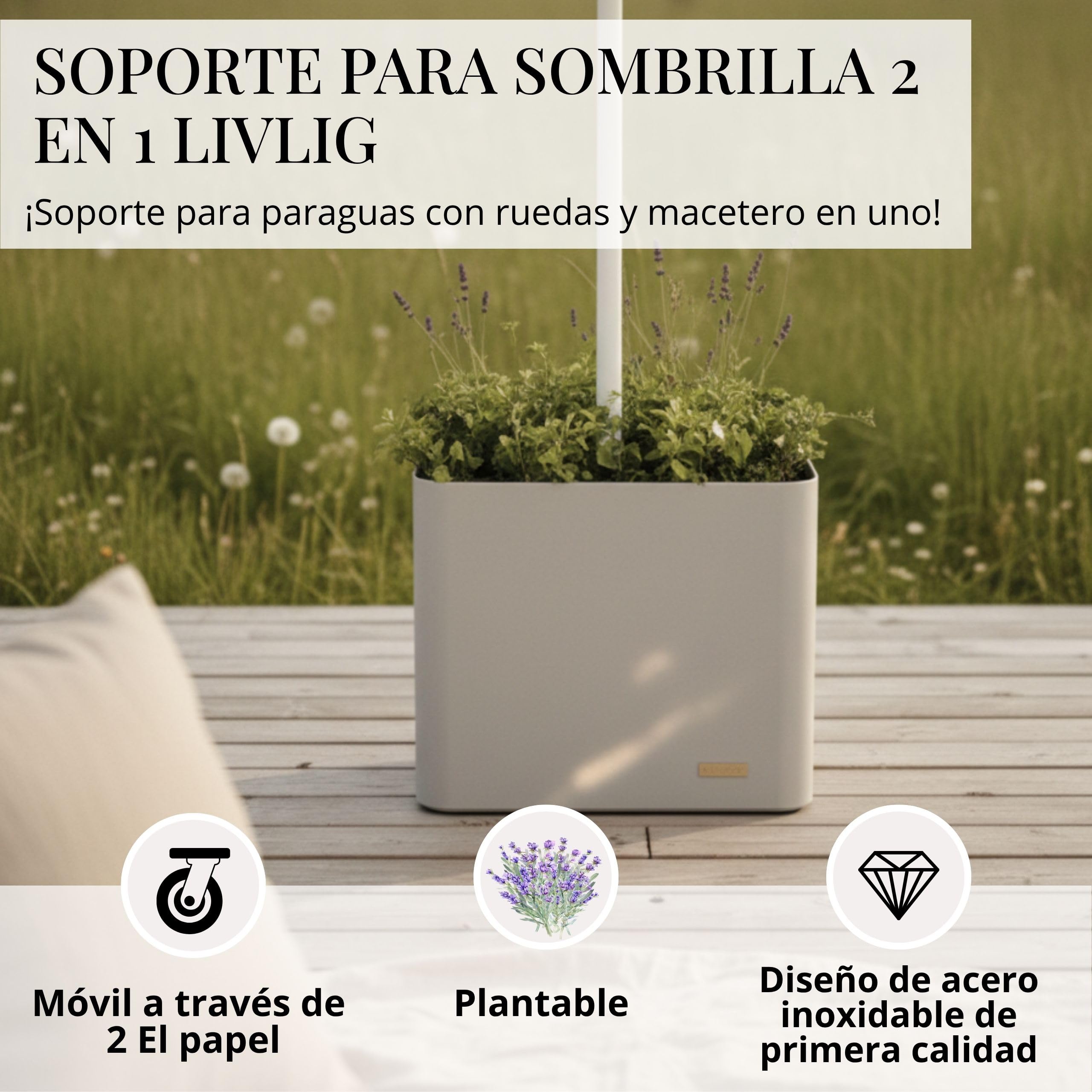 Livlig53 LIVLIG - Soporte para sombrilla con ruedas, 2 en 1, jardinera y protección solar, 100% acero inoxidable, rellenable hasta 39 L, para sombrillas de hasta 250 cm de diámetro, color gris