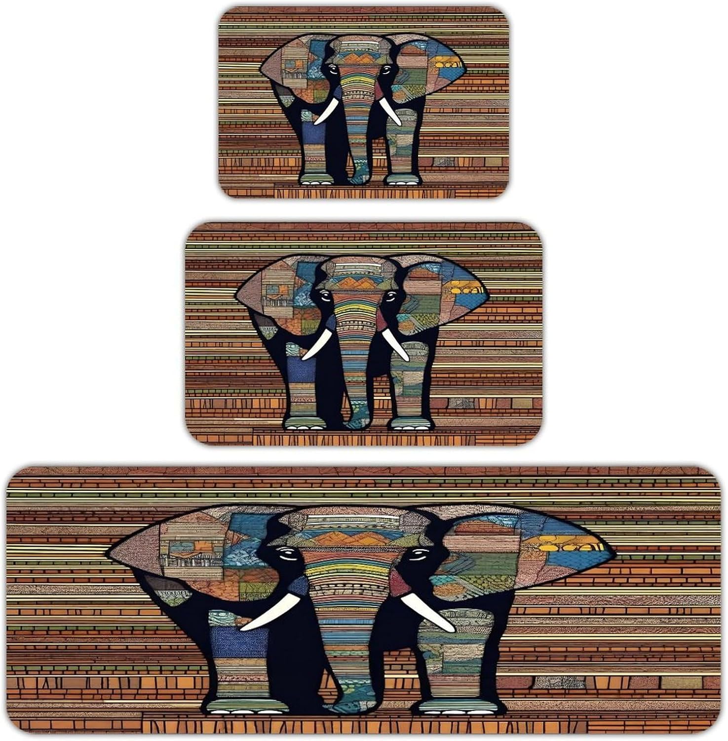 African Elephant Kitchen Rugs Sets of 3 Washable Non Slip Kitchen Rug Water Resistant Carpet Piece Anti Fatigue Kitchen Mats Soft Comfort Standing Mat Modern Area Rug