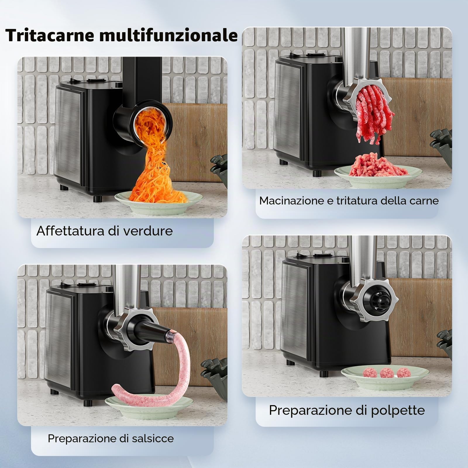 Tritacarne elettrico da 2000 W 5 in 1 - Insaccatrice professionale, tritatutto per verdure, grattugia per insalata e formaggio con 8 accessori, materiale di qualità alimentare per la cucina di casa