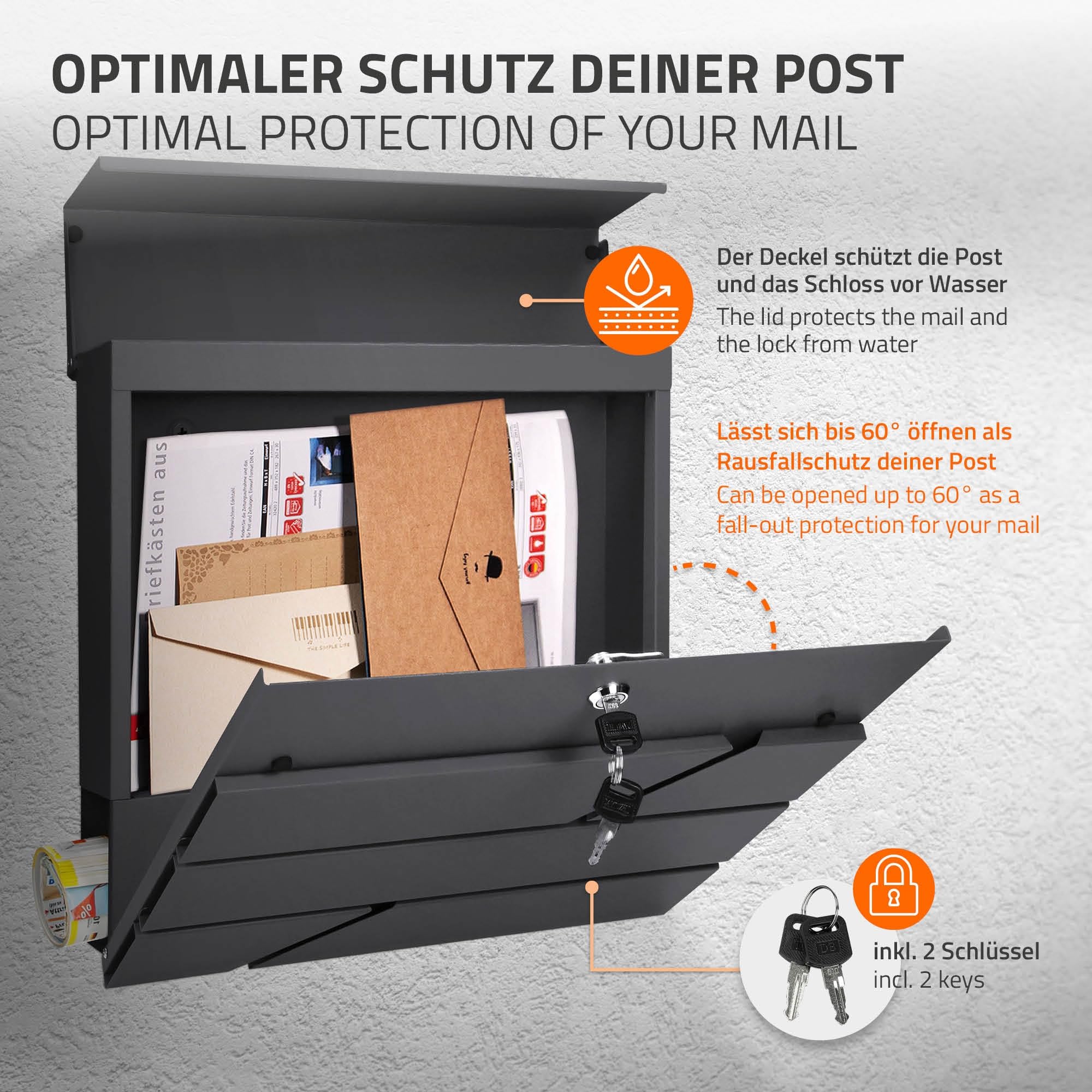 ECD Germany Buzón de Acero Inoxidable Antracita Base Autoportante Exterior con Soporte Poste Antracita Casillero Moderno con Compartimento para Periódicos y Cerradura con 2 Llaves Incluidas