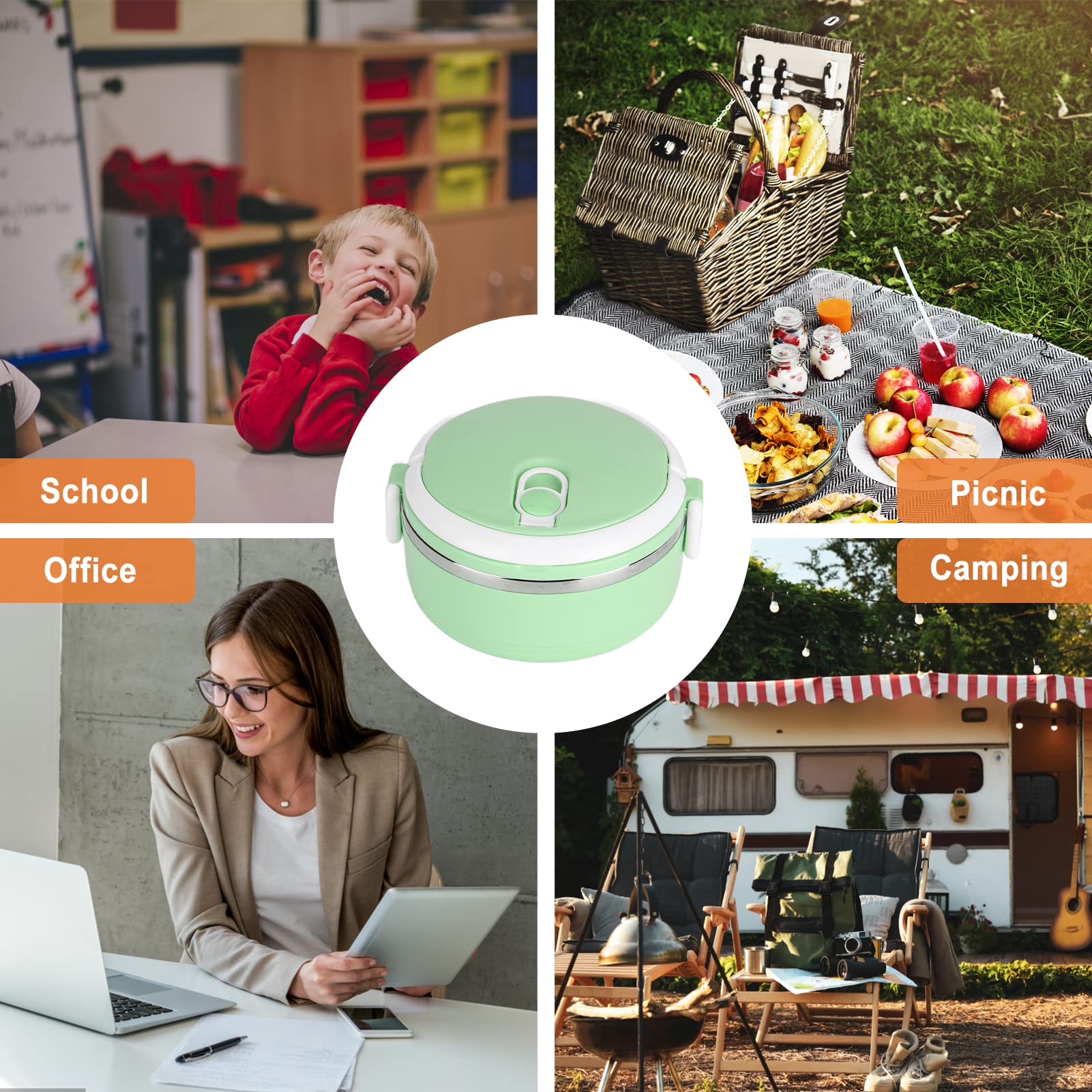 Boîte à déjeuner, pour aliments chauds, sac à déjeuner isolé portable, boîte isolée empilable pour aliments chauds, boîte à déjeuner ronde en acier inoxydable 304, récipients alimentaires scellés