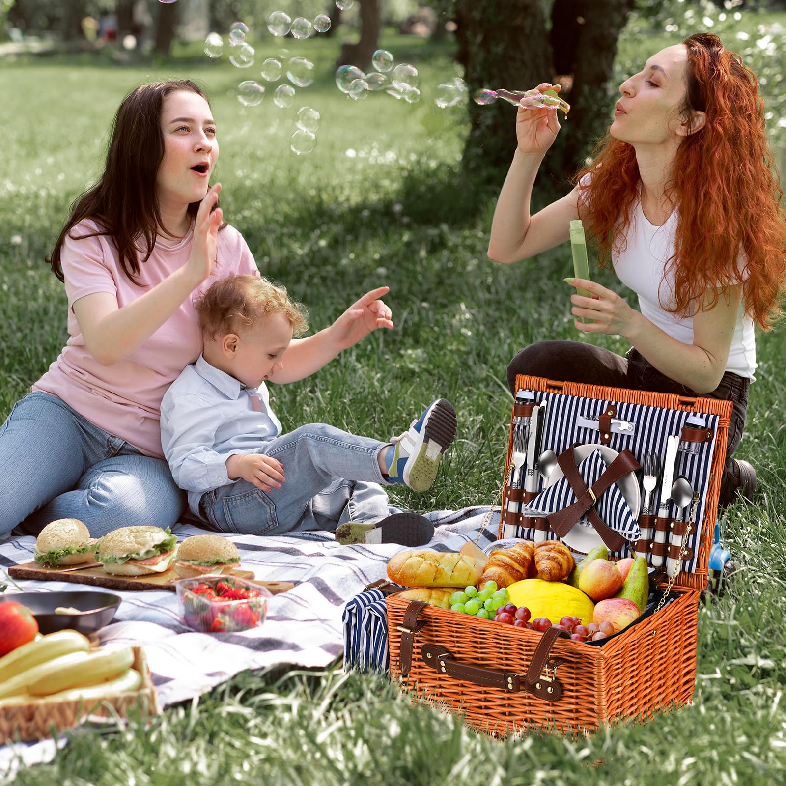 Cestino Picnic, Cesto Picnic Vimini con Scomparto Termico,Cestino Vimini con Coperta Impermeabile e Set di Posate, Set Pic Nic 4 Persone per Campeggio, Cestino Pic Nic(Blu)