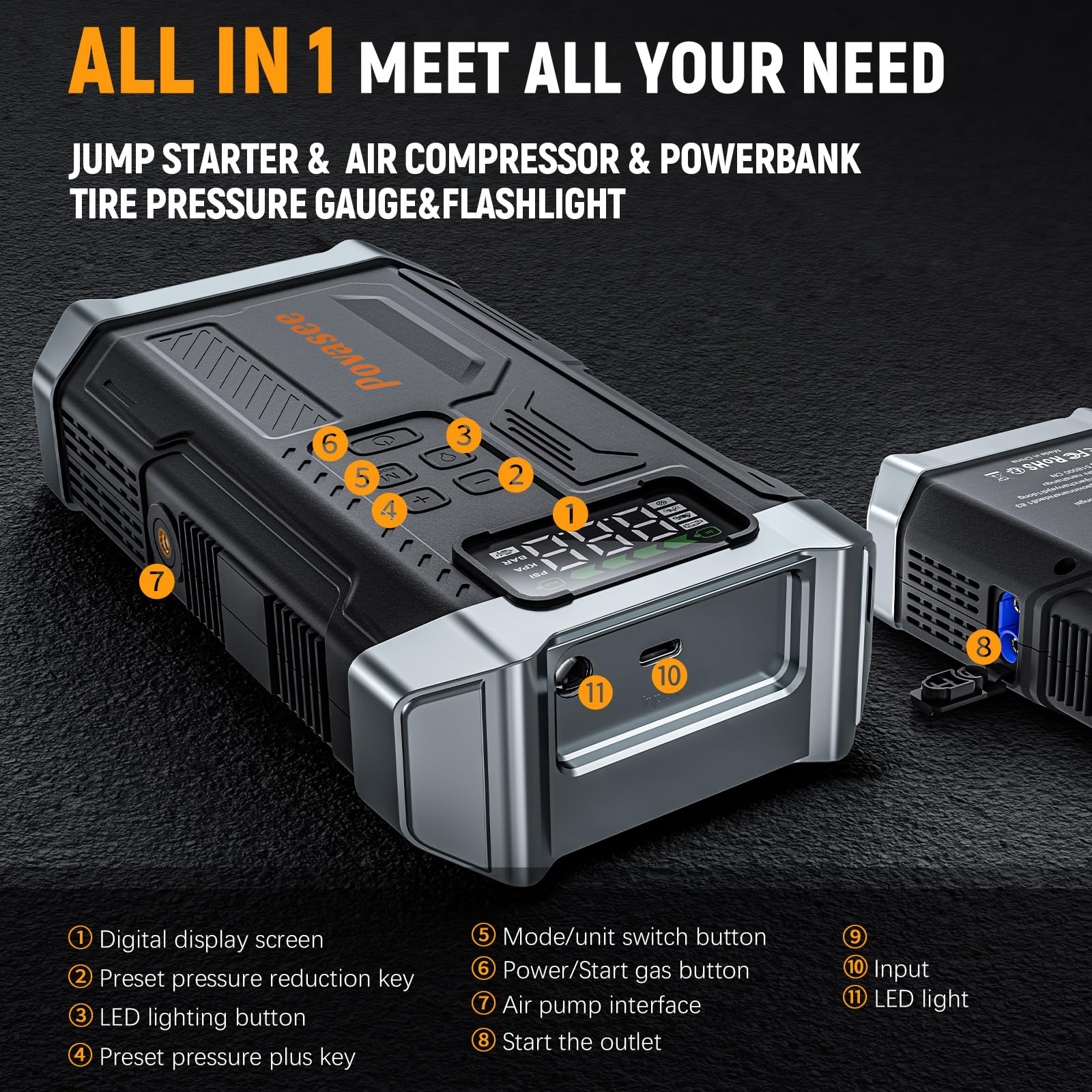 2026NEW Model 5000A Jump Starter with Air Compressor Car Jumper Starter Portable with 150PSI Tire Inflator 12V Jump — view 5