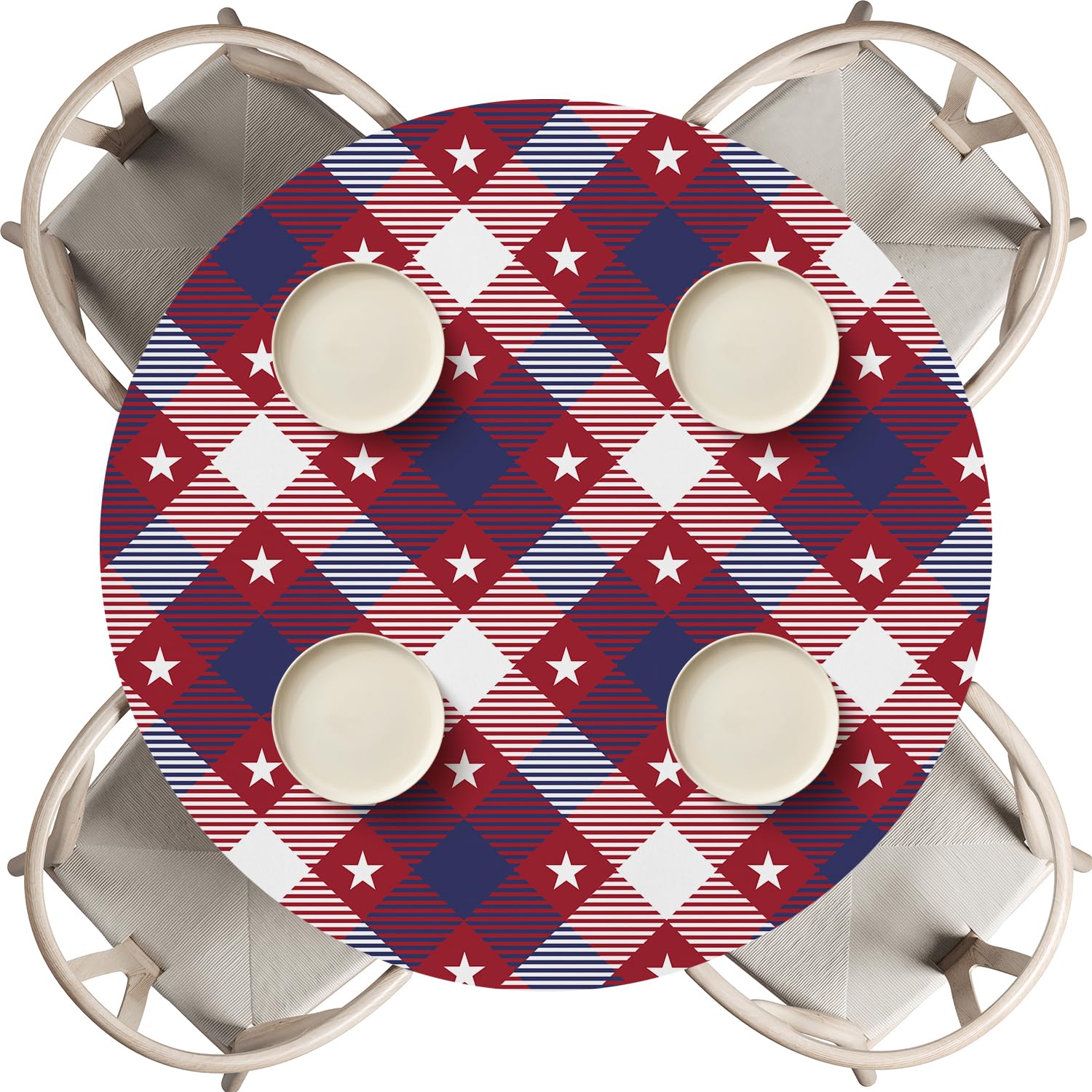 Horaldaily 4th of July Fitted Tablecloth 60 Inch Round, Red White and Blue Plaid America Star Patriotic Washable Table Cover Elastic Edged for Dinning