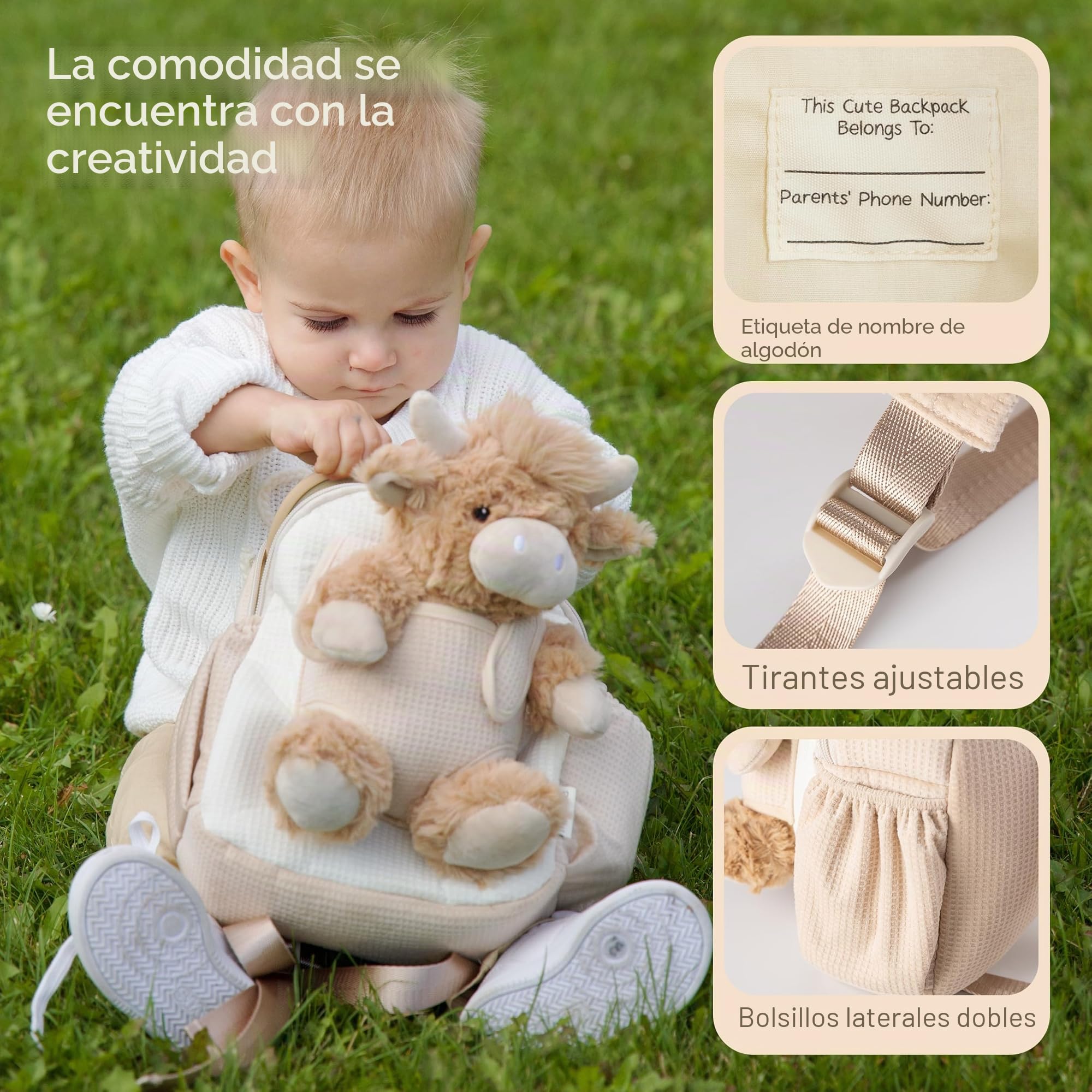 Moonkie Hug & Go Mochila Infantil, Bolso Bebe con Juguete Desmontable, para Niño y Niña 1 2 3 Años, Mochila Bebe Guarderia de Peluche Suaves, con Correas Ajustables, Regalos Niños para Viajes