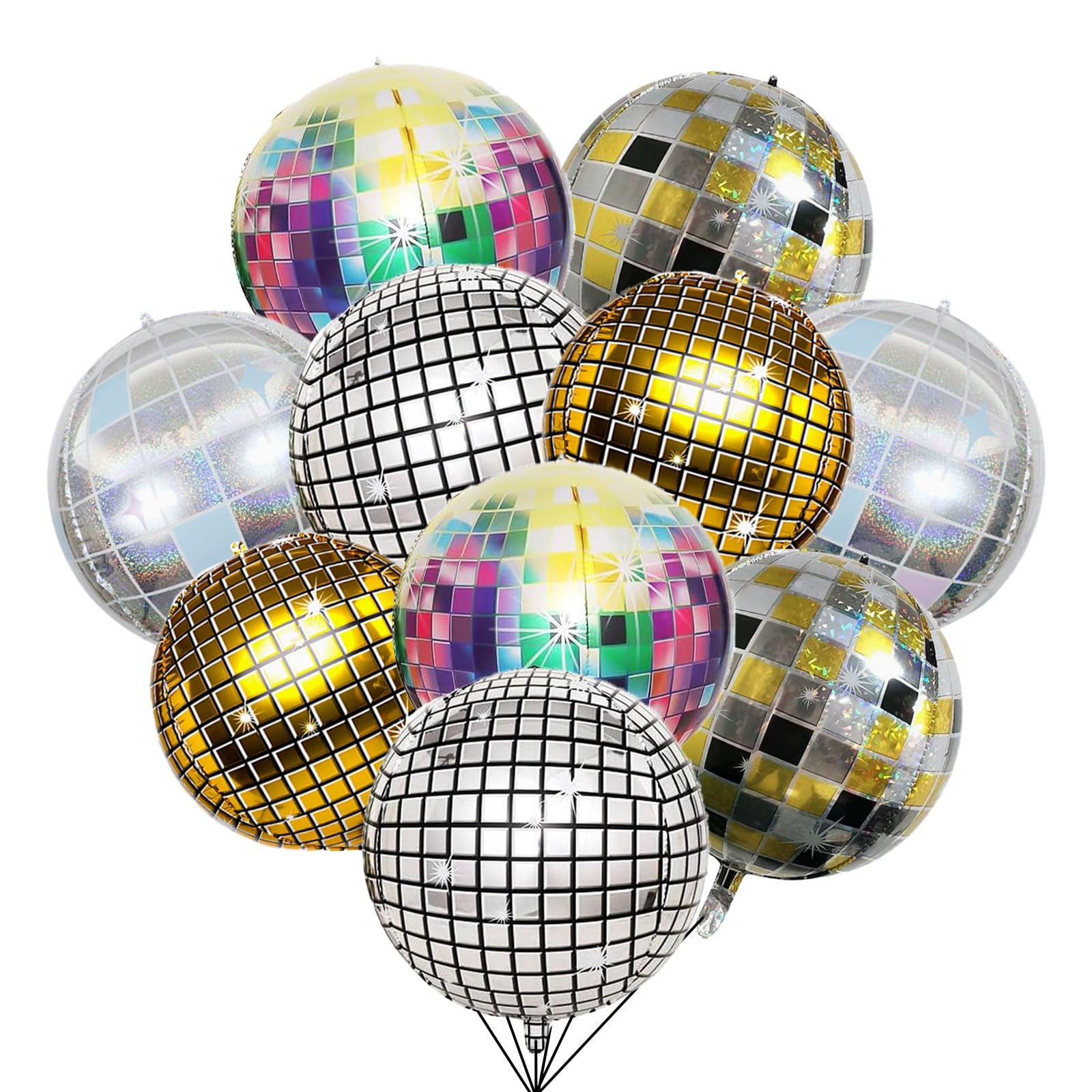 Bolosa Disco Ball Balloons, 22 Inch 4D Disco Balloons with 5 Designs, 10 Pcs Large Disco Party Foil Balloons, Disco Party Decorations for Birthdays, Hen Parties, School Discos, Retro Party