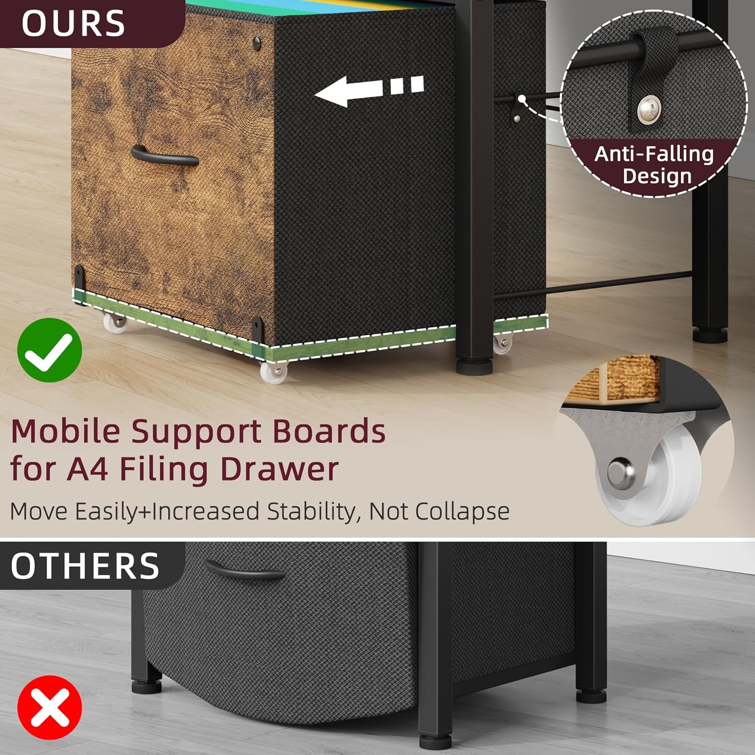 3-Drawer File Cabinet, Filing Cabinet with 2-Tier Printer Shelves, Office Cabinets with Side Bag&File Drawer for A4/Letter Size, Printer Stand with Storage for Home Office, Rustic Brown