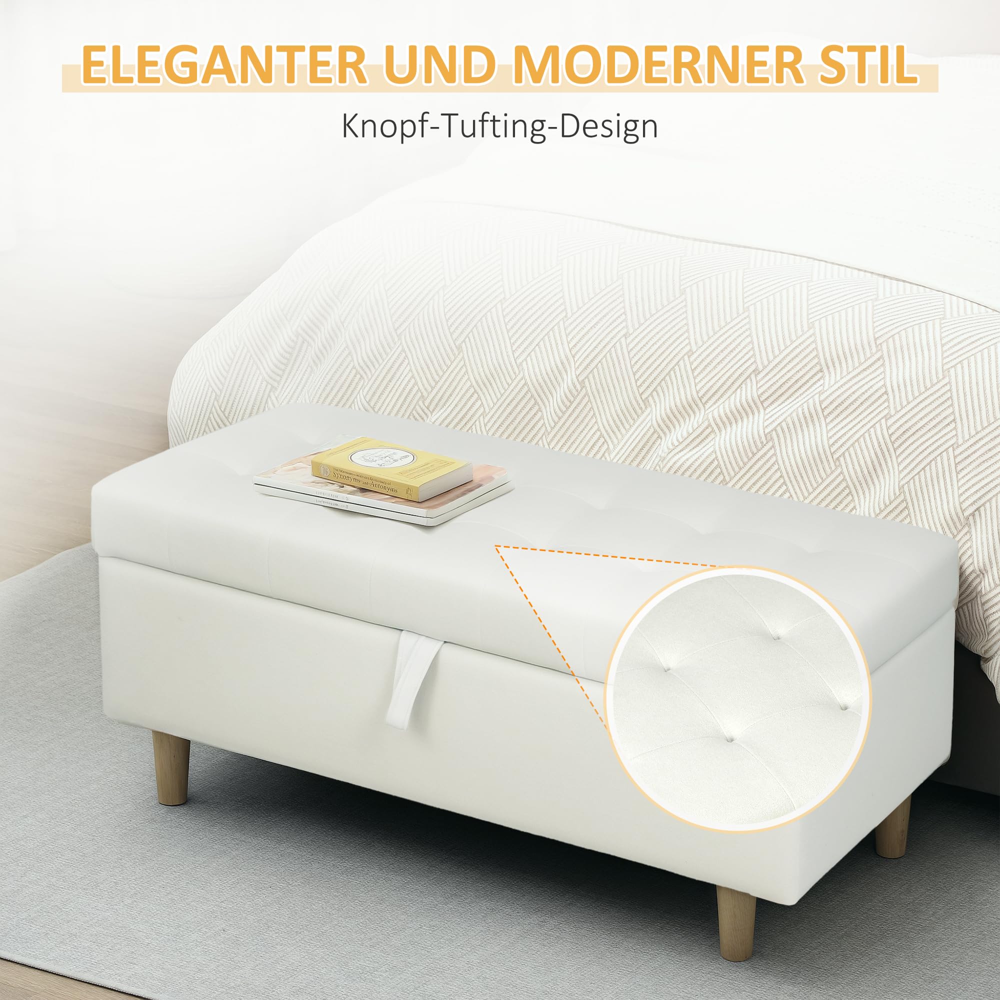 HOMCOM Sitzbank mit Stauraum mit Samt-Optik 115 x 50 x 43 cm Cremeweiß | Sitztruhe, Bettbank mit Holzbeine, Polsterbank, für Wohnzimmer, Schlafzimmer, Flur
