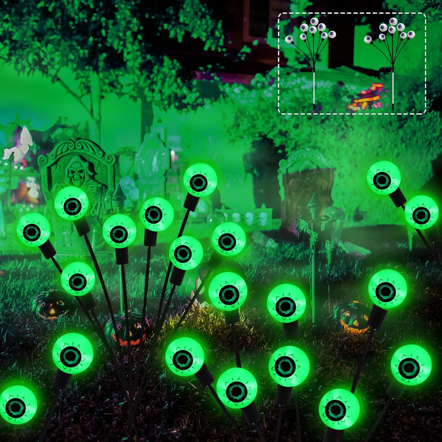 KBG Halloween Decorations Outdoor Solar Eyeball Lights, 2 Pack 16LED Eyeball Swaying Firefly Lights Waterproof, 2 Modes Scary Eyeball Solar Lights for Yard/Garden/Lawn/Party Halloween Decor(Green)