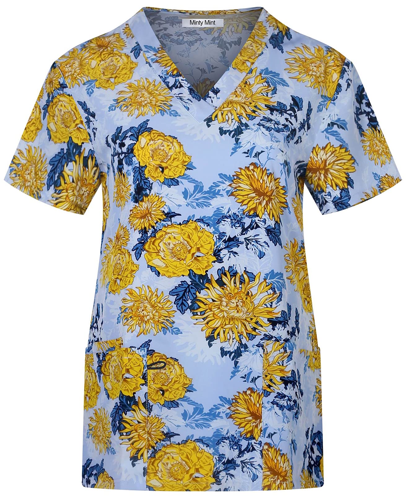 Minty Mint Women's Comfortable Easy Fit Lightweight Durable Stretch Printed V-Neck Medical Scrub Top Grey Yellow L