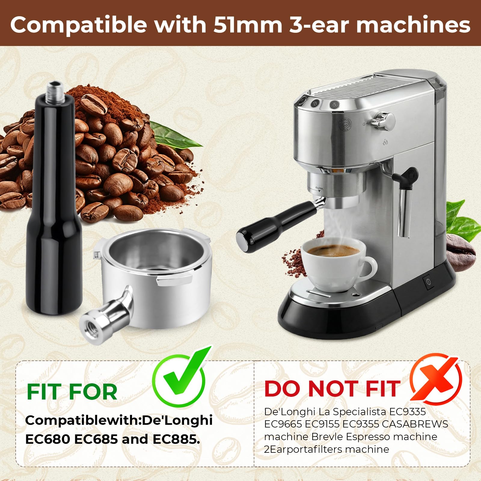 Portafiltro sin fondo de 51 mm con 3 Orejas Compatible con DeLonghi Dedica EC680/EC685/EC885, Portafiltro de Café con 2 Cesta de Filtro de Acero Inoxidable (Negro)