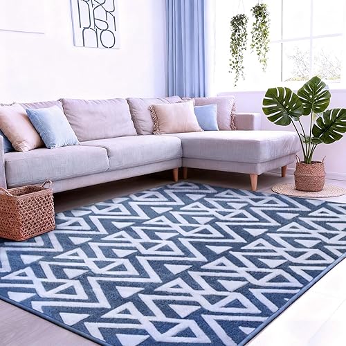 Ompaa Alfombras ultra suaves de espuma viscoelástica para dormitorio, color azul, de 5 x 8 pies, alfombras de área con textura geométrica de felpa