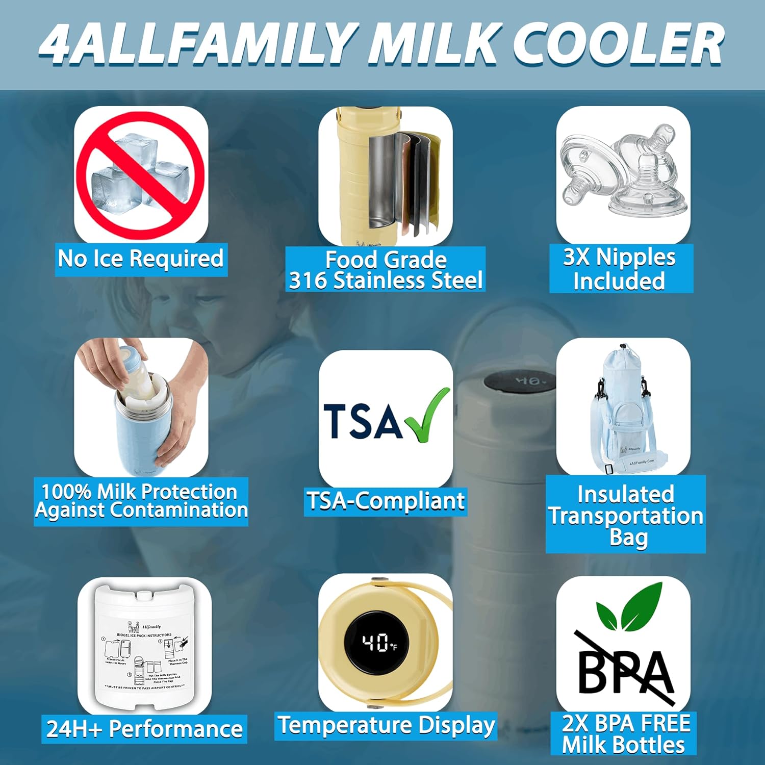 4ALLFAMILY Breast Milk Cooler Travel Bag with 24+ Hour Milk Cooling Biogel Ice Pack – Portable Storage & TSA-Compliant – Includes Bottles, Silicone Nipples, & Insulated Breastmilk Cooler Bag – Ivory