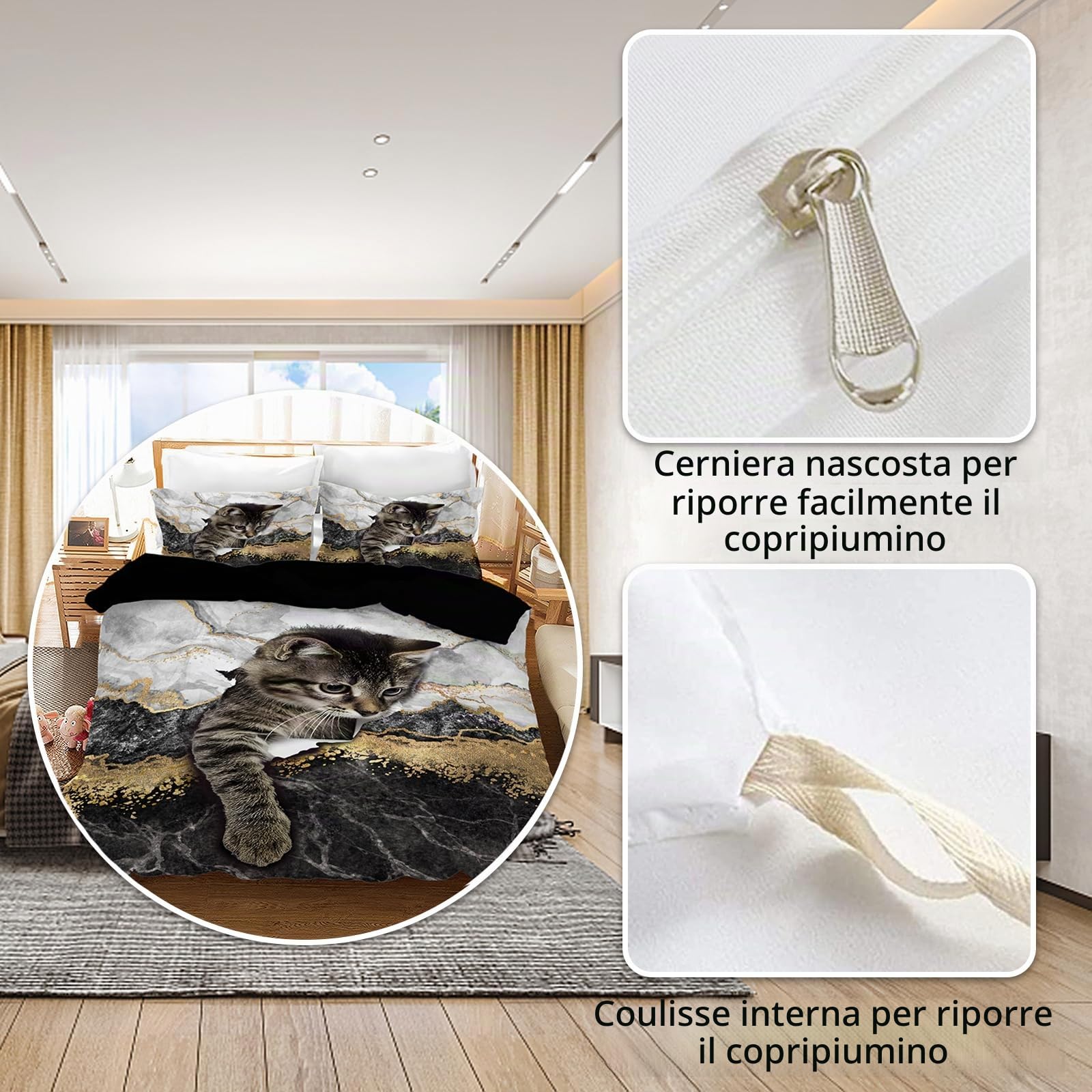Copripiumino Matrimoniale 220x240 Gatti,3D Set Di Biancheria Da Letto Per Gatti Carino 3 Pezzi,Incluso1 Copripiumino E 2 Federe 50 X 75 Cm (B,220x240cm)