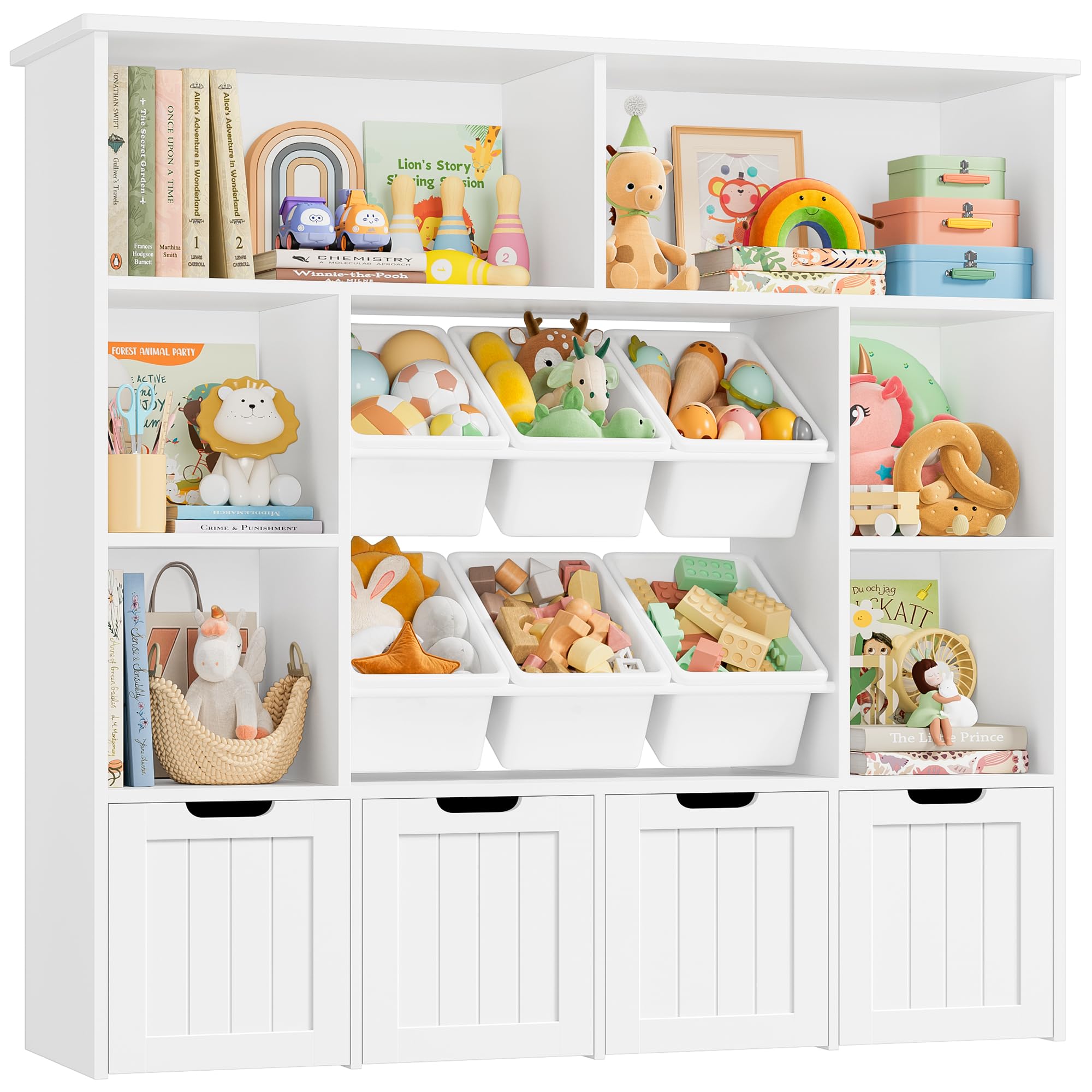 FOREHILL Kids Toy Storage Unit Childrens Bookcase Toy Organiser Kids Bookshelf, 6 Removable Toy Boxes, 6 Open Compartments, 4 Drawers with Wheels for Nursery Playroom White 125x33x121.5cm