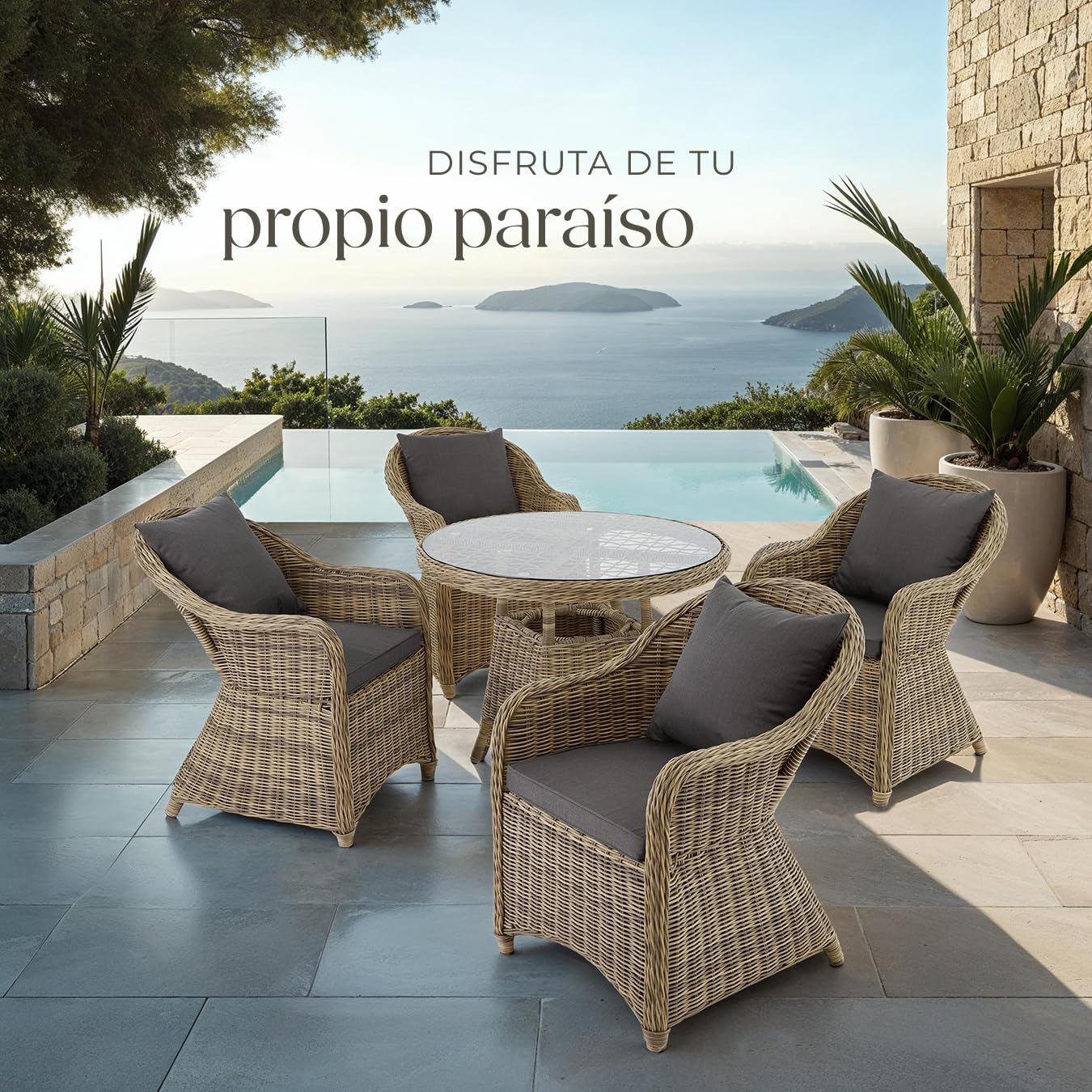 tectake® Conjunto Jardín Exterior de Ratán y Aluminio, 4 Sillones con Cojines y 1 Mesa Cristal, Muebles Jardín Exterior Impermebales y Resistentes a Intemperie, Topes en Patas, Sin Montaje - Natural