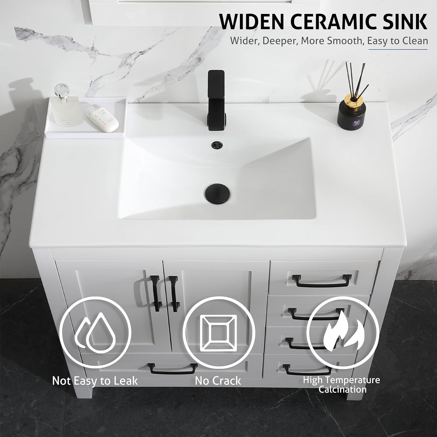 LUCKWIND 36'' Bathroom Vanity Cabinet with Sink Combo, Undermount Ceramic Sink with Matte Black Faucet Drain, High-Definition Mirror Vanities Set, White : Tools & Home Improvement