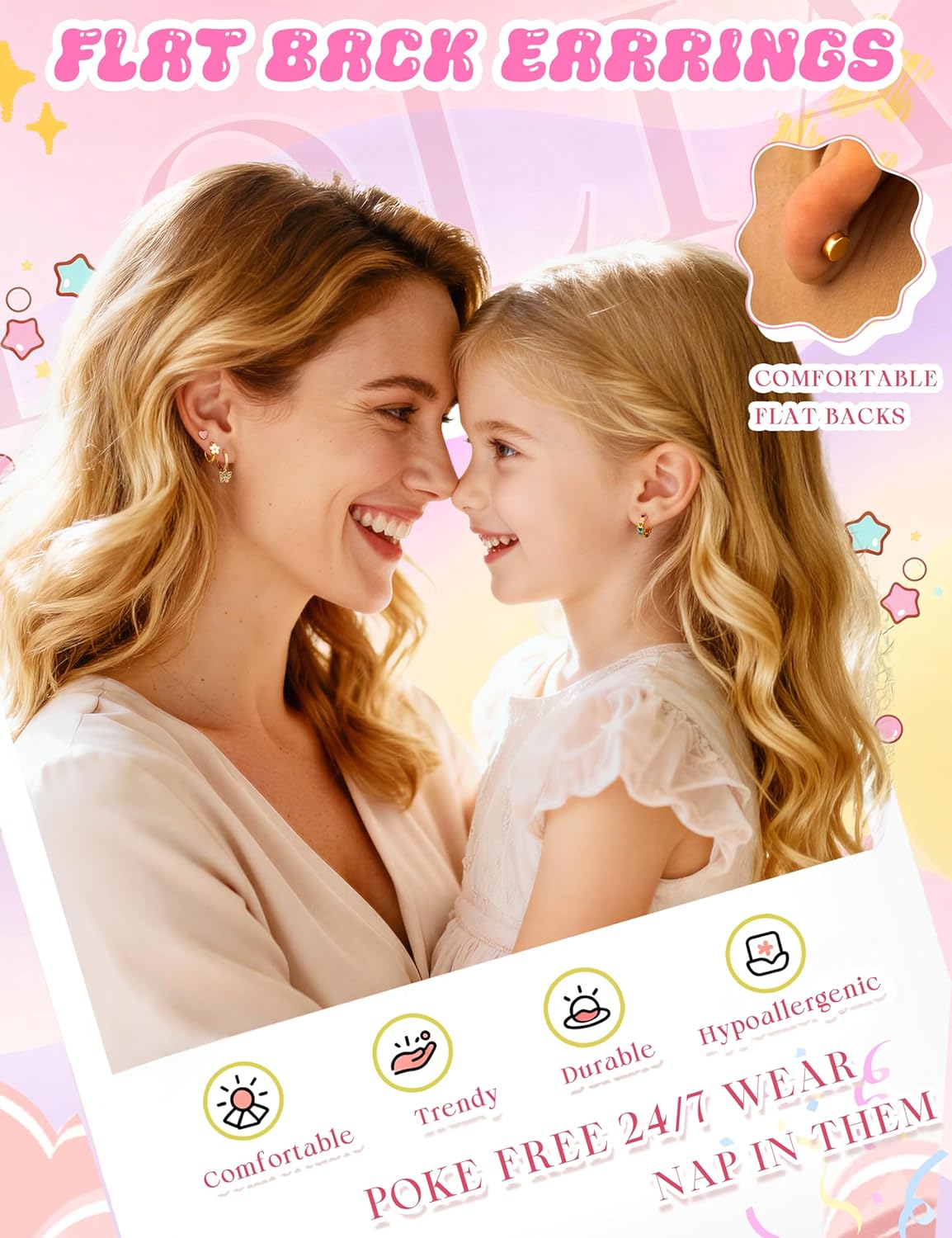 LOLIAS Hypoallergenic Earrings for Girls Flat Back-Stainless Surgical Steel Earrings for Sensitive Ears Women Cute Hoops Flatback Studs Screw Back Toddler Kids Teen Girls Earrings Jewelry - Image 6
