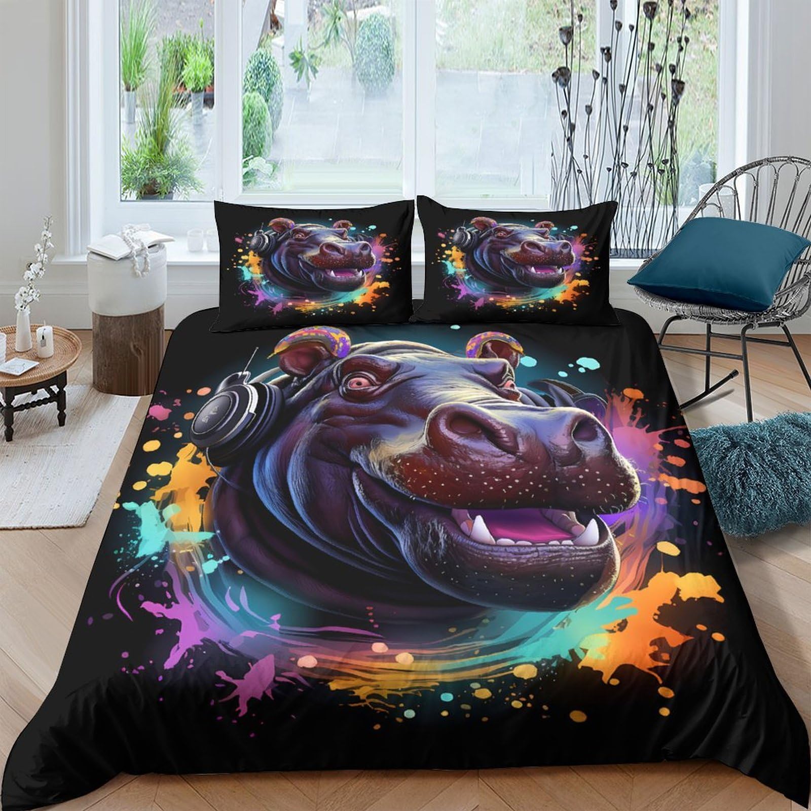 Ctjqhvkz Style-3 3D Printed Hippo Headphone Fitted Sheet Microfiber Vibrant Graffiti Mattress Cover For Bedroom Guest Room Decor Single（135X200cm）